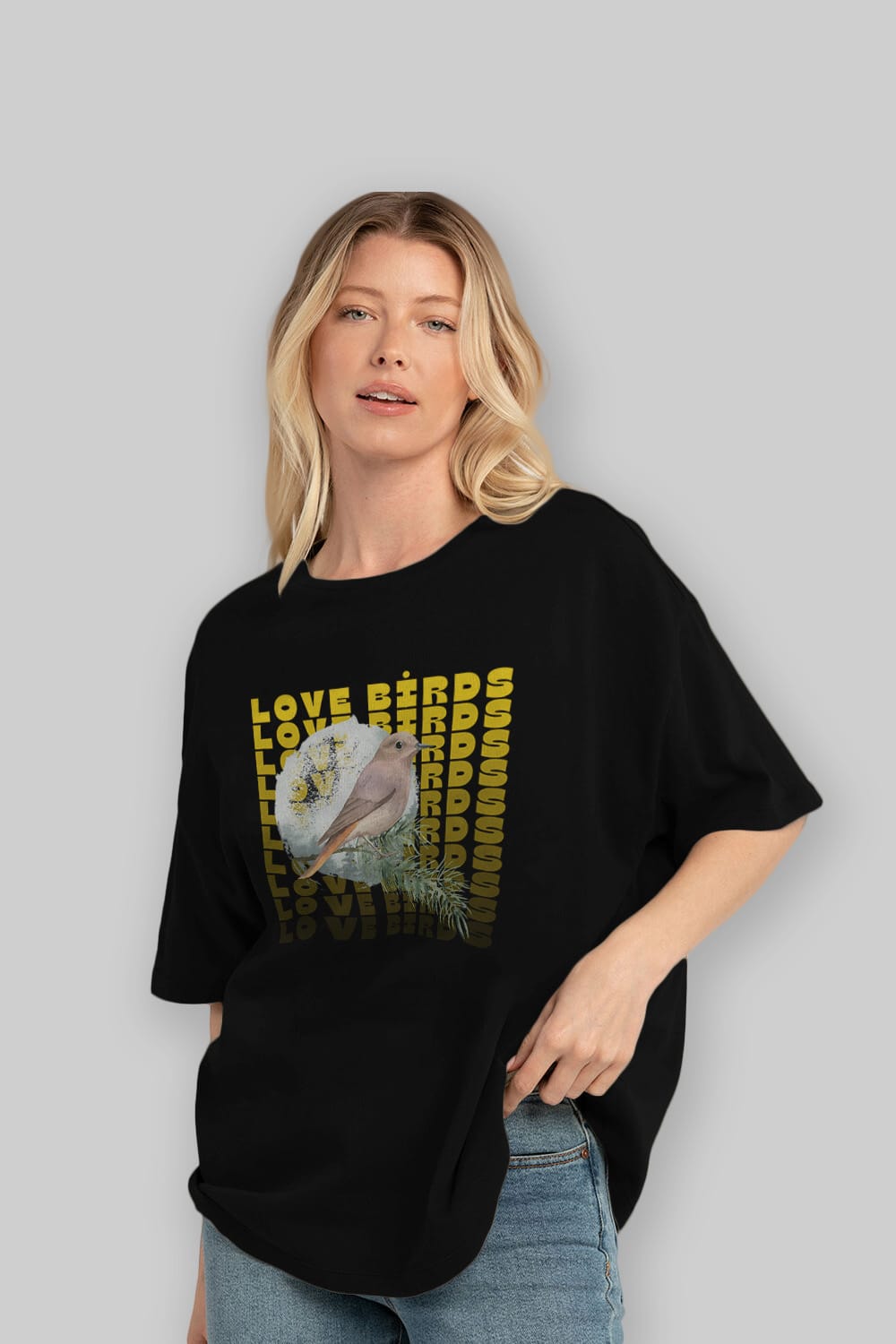 Love Birds Yazılı Ön Baskılı Oversize t-shirt Erkek Kadın Unisex