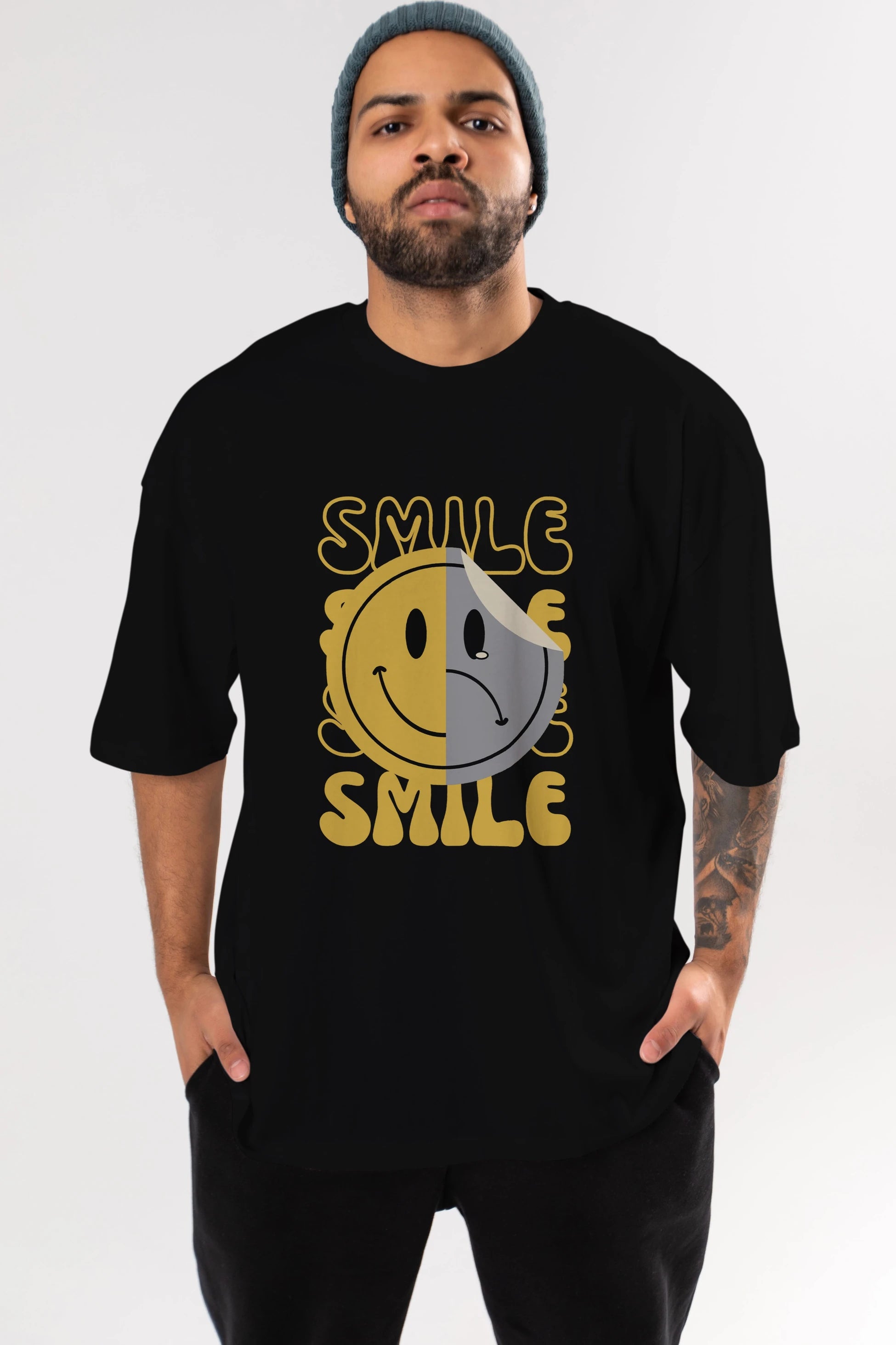 Smile Yazılı Ön Baskılı Oversize t-shirt Erkek Kadın Unisex