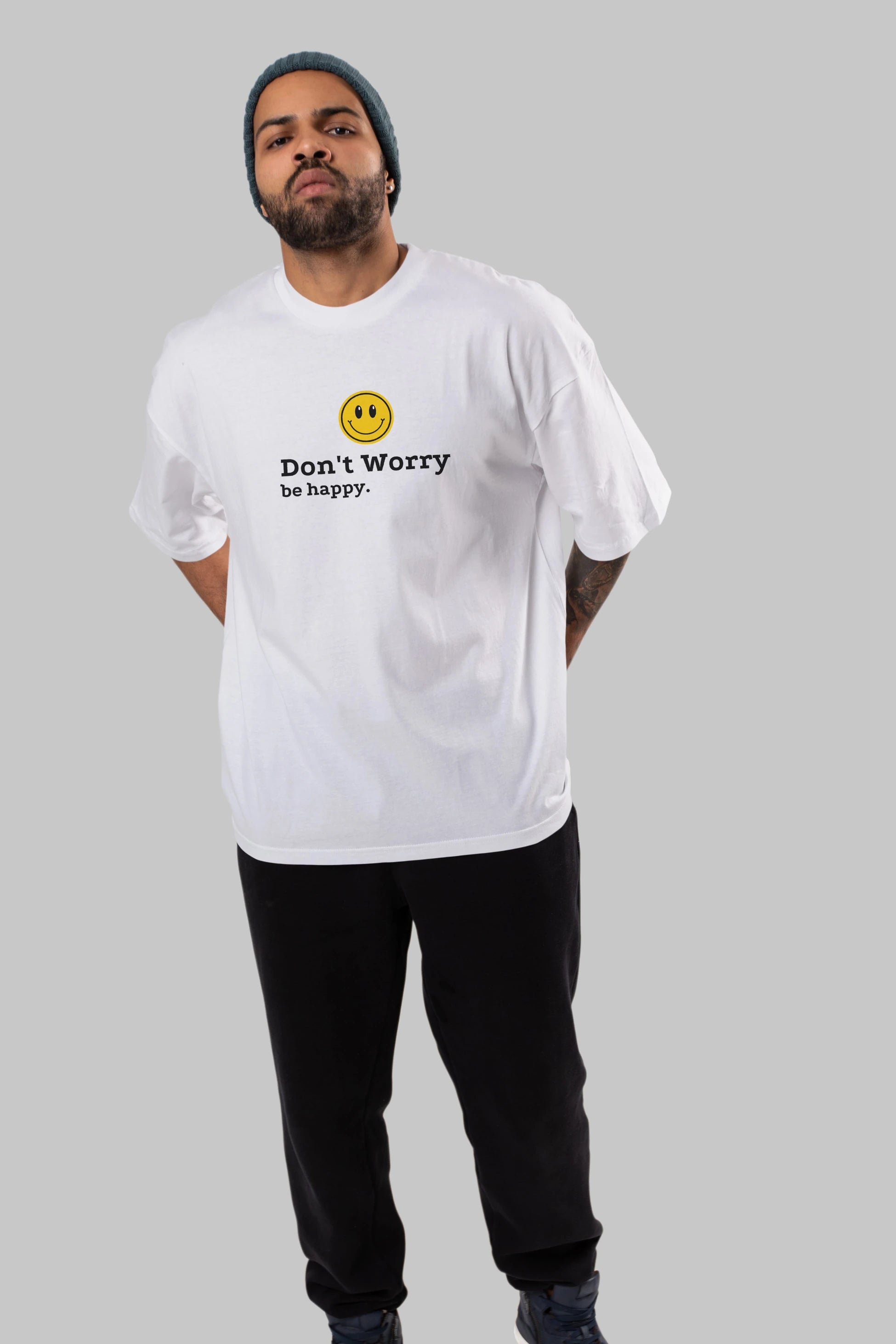 Don't Worry Be Happy Yazılı Ön Baskılı Oversize t-shirt Erkek Kadın Unisex