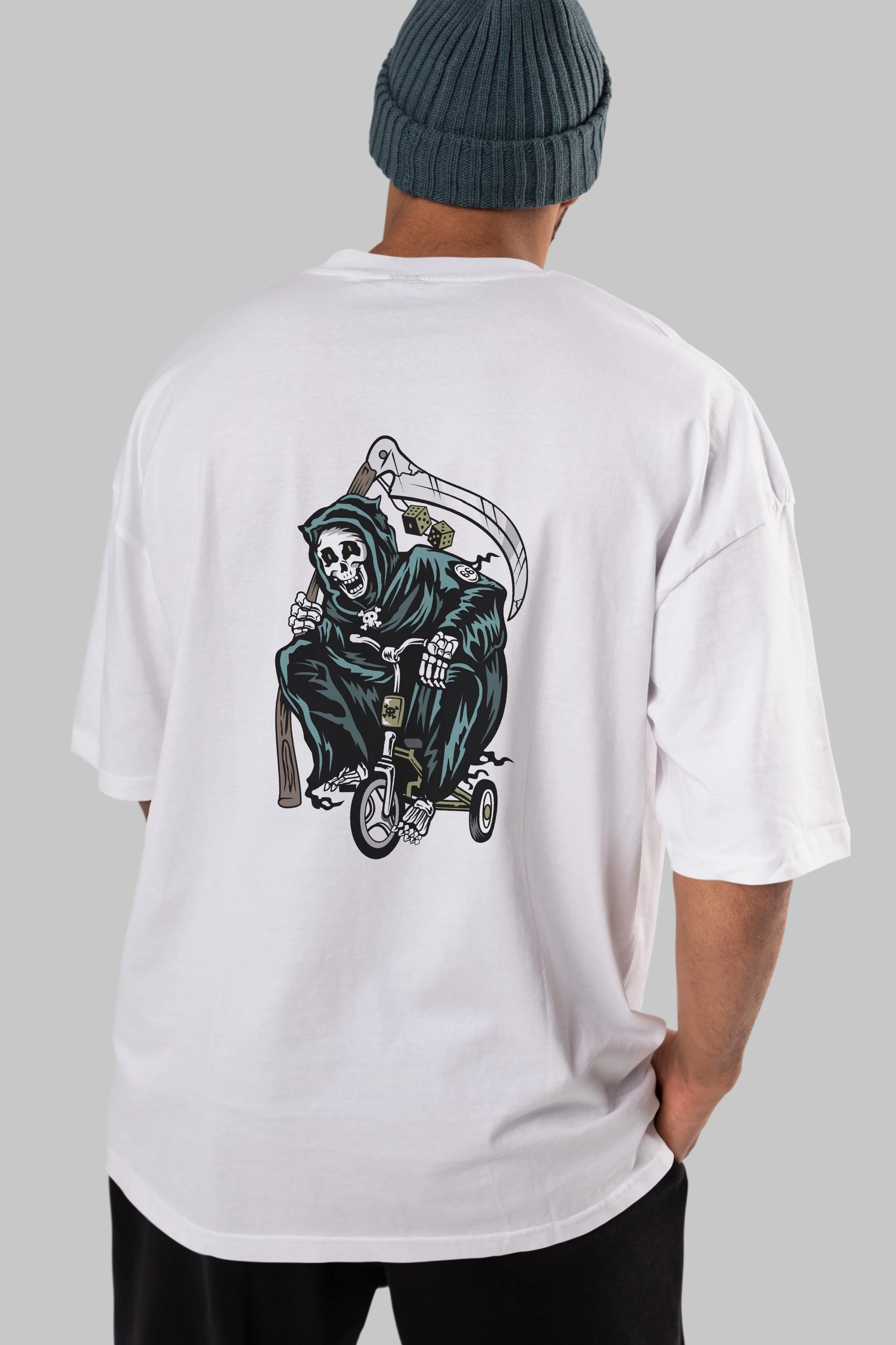 Grim Reaper Bicycle Arka Baskılı Oversize t-shirt Erkek Kadın Unisex %100 Pamuk tişort