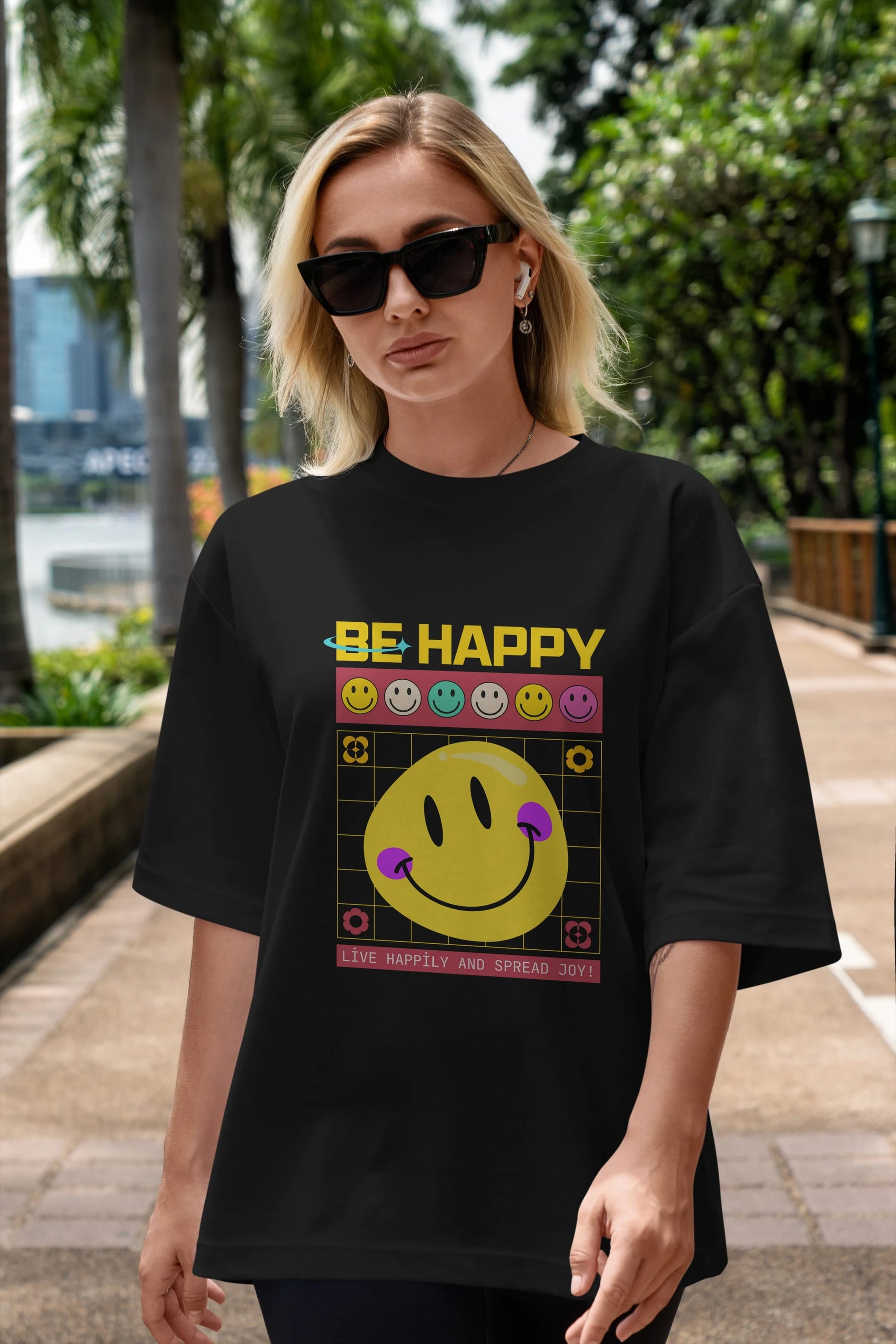 Be Happy Yazılı Ön Baskılı Oversize t-shirt Erkek Kadın Unisex