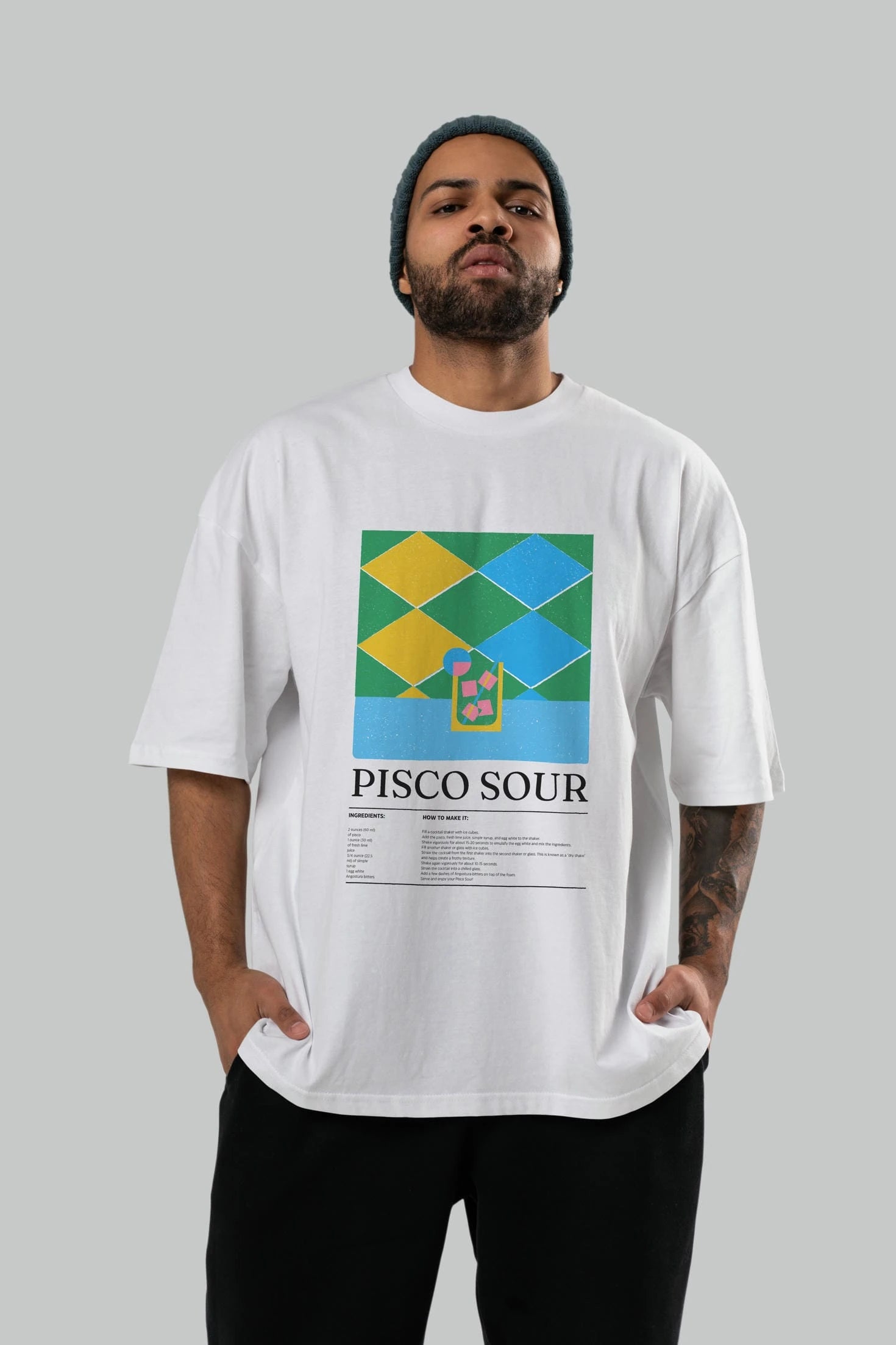 Pisco Sour Kokteyl Ön Baskılı Oversize t-shirt Erkek Kadın %100 Pamuk Bisiklet Yaka tişort