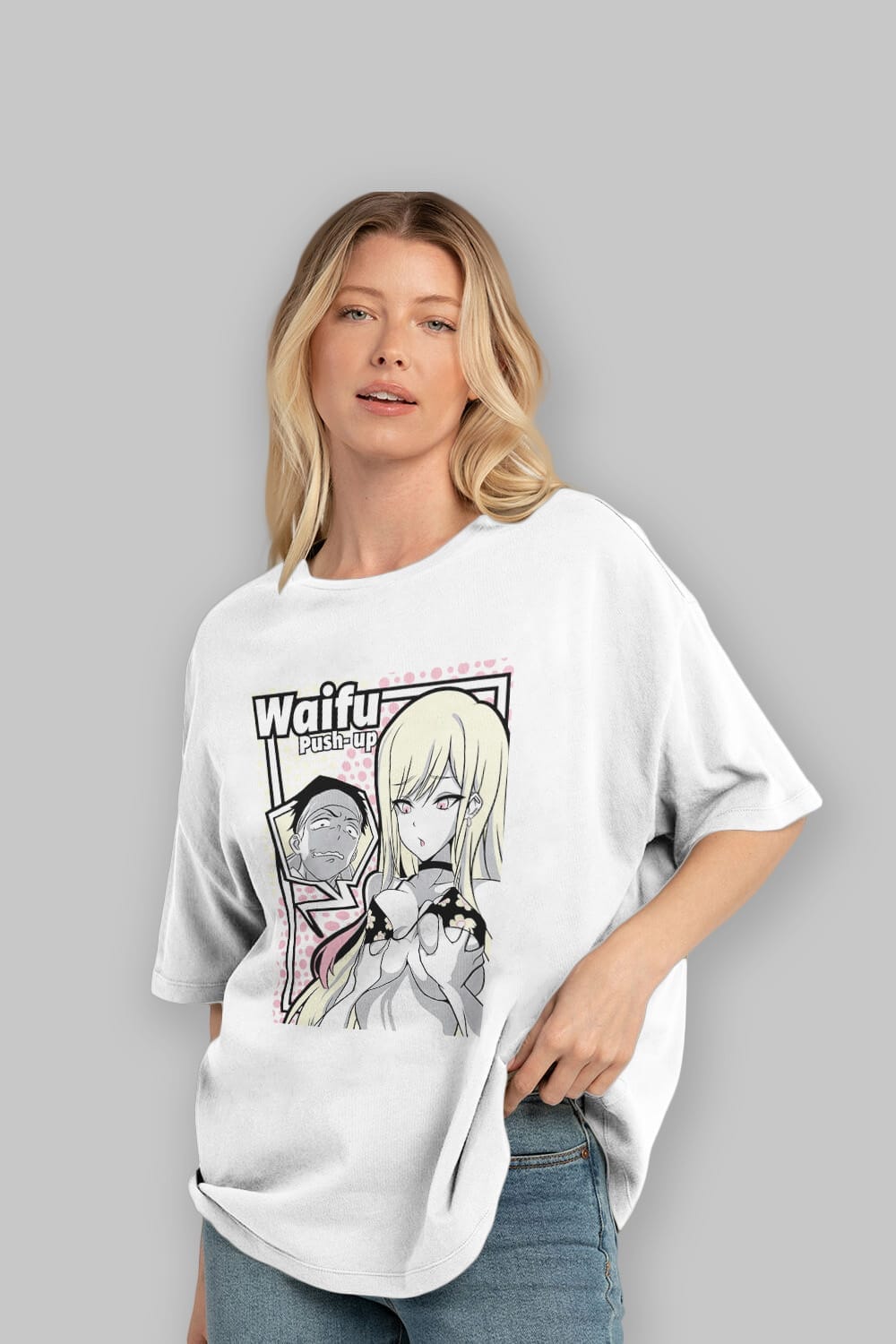 Waifu PushUp Anime Ön Baskılı Oversize t-shirt %100 pamuk Erkek Kadın Unisex