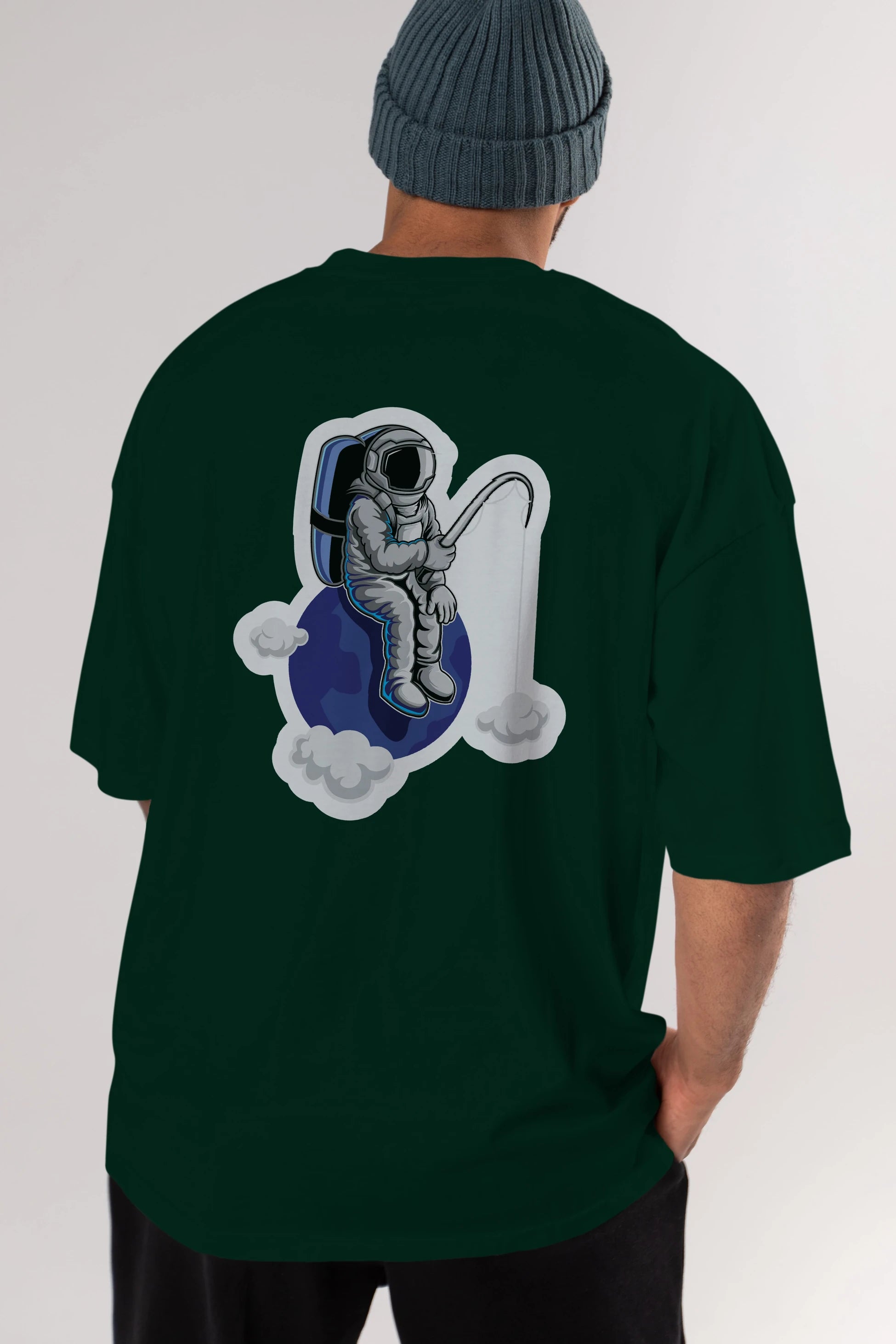 Astronaut Fishing Sticker Arka Baskılı Oversize t-shirt Erkek Kadın Unisex