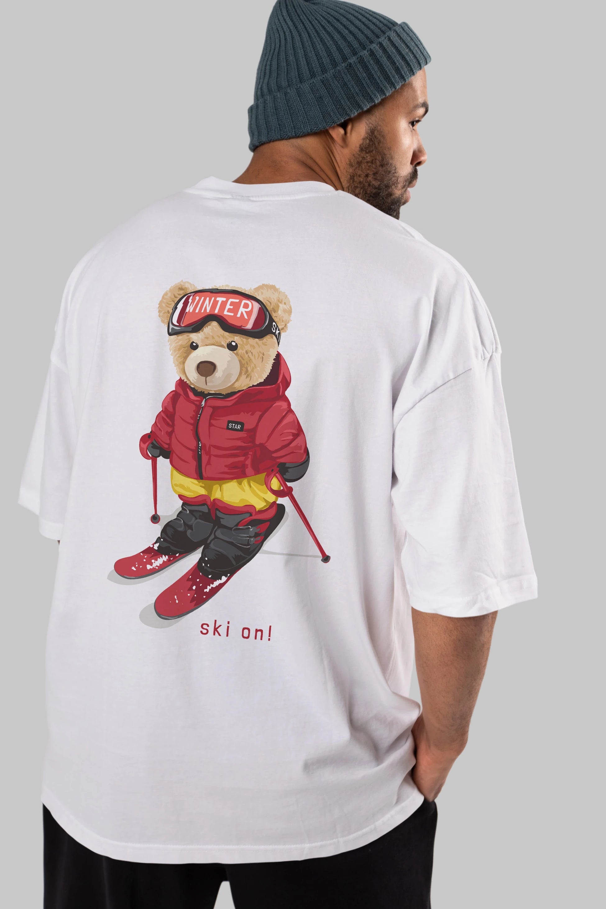 Teddy Bear Ski On Arka Baskılı Oversize t-shirt Erkek Kadın Unisex %100 Pamuk