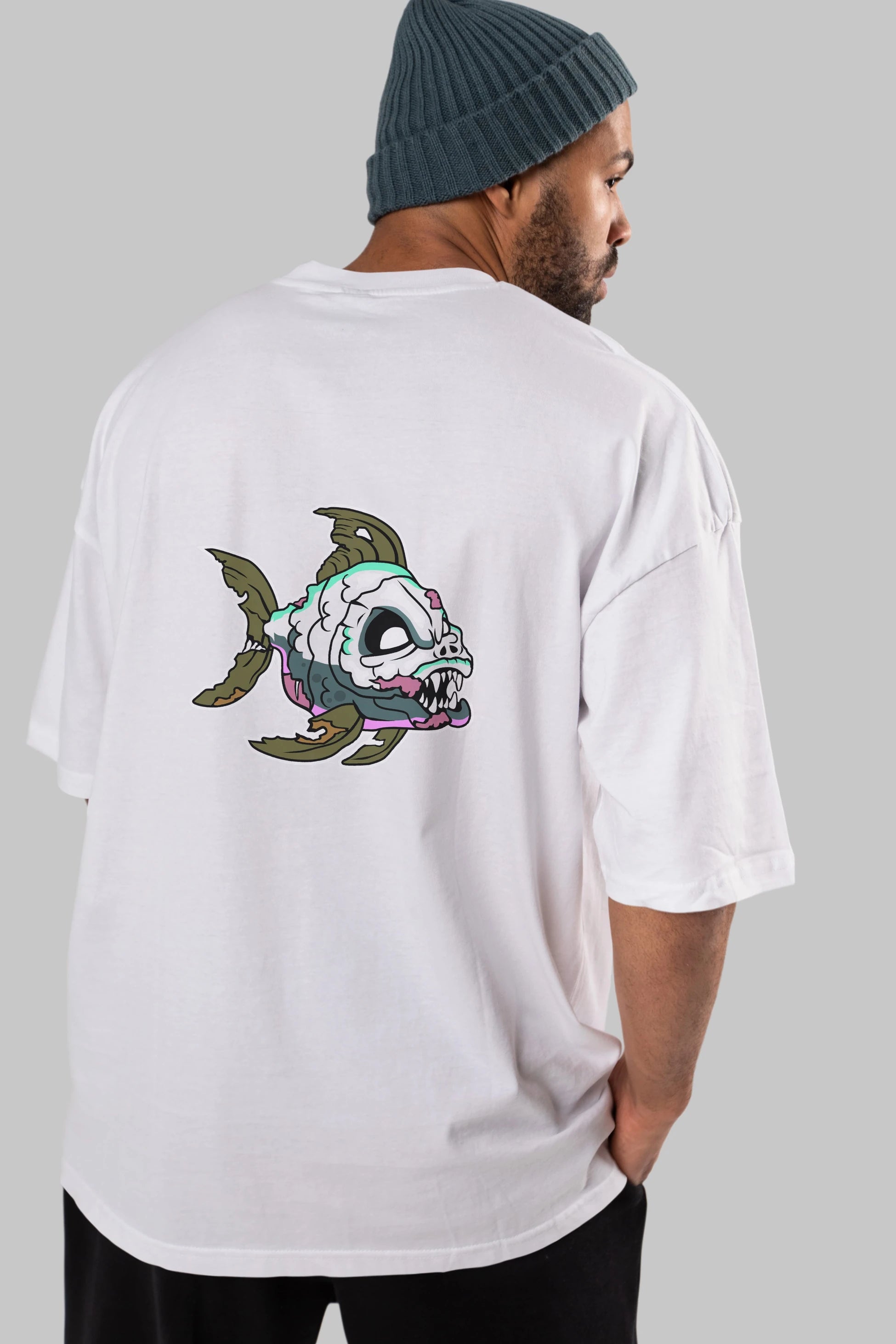 Fish Monster Arka Baskılı Oversize t-shirt Erkek Kadın Unisex %100 Pamuk tişort