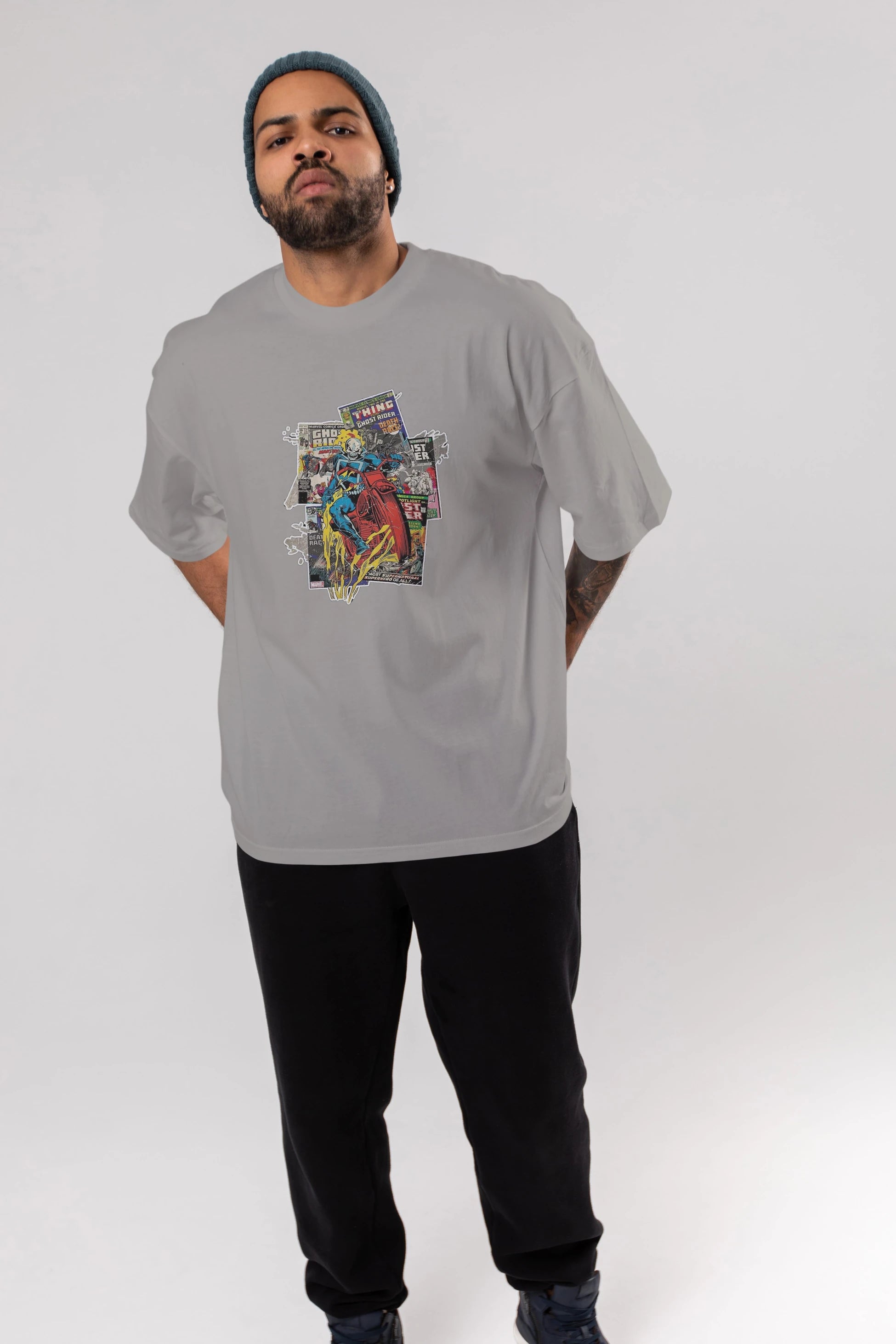 Ghost Rider Ön Baskılı Oversize t-shirt Erkek Kadın Unisex %100 Pamuk Bisiklet Yaka tişort