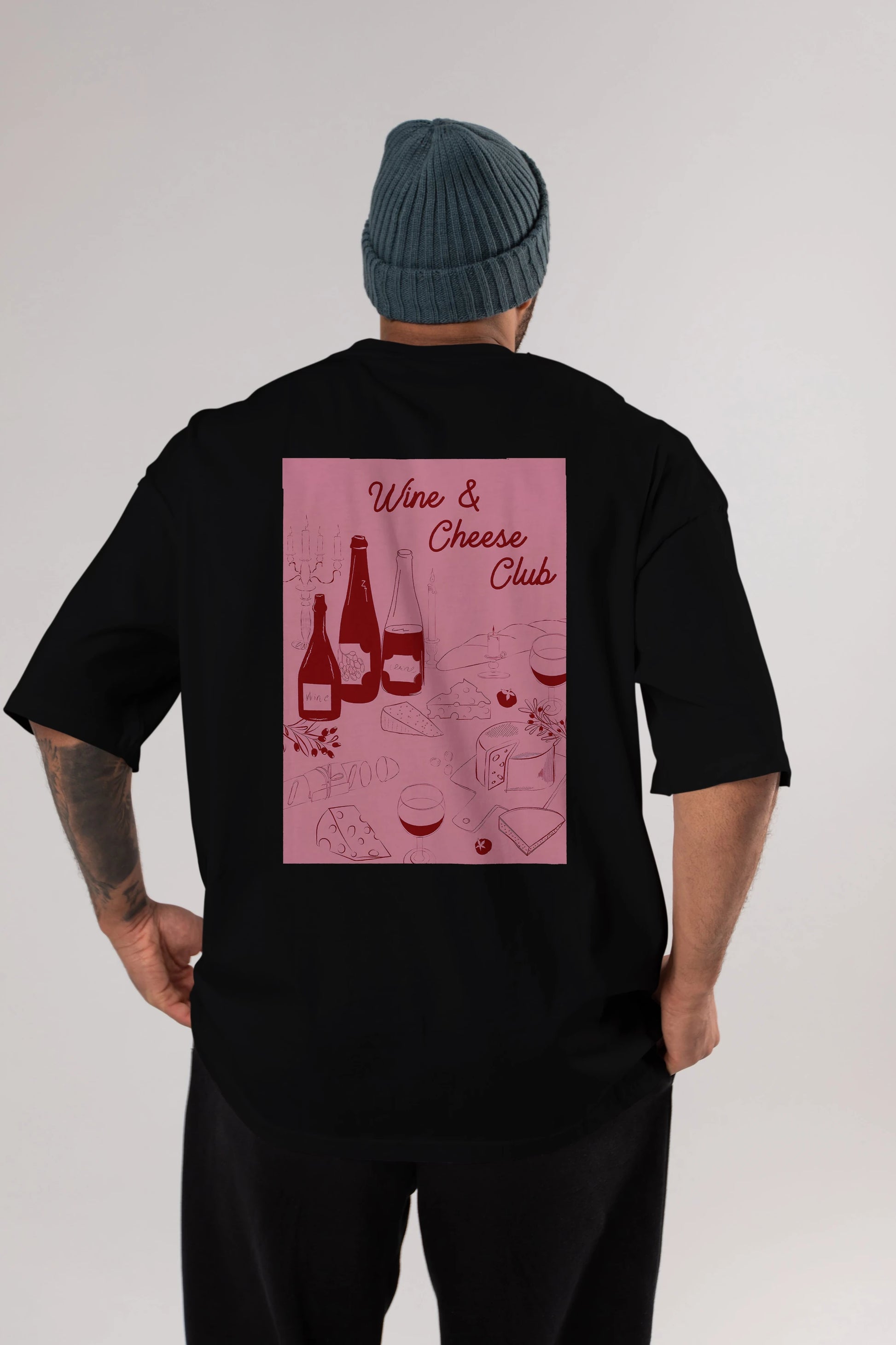 Wine Cheese Club Arka Baskılı Oversize t-shirt Erkek Kadın Unisex %100 Pamuk Bisiklet Yaka tişort