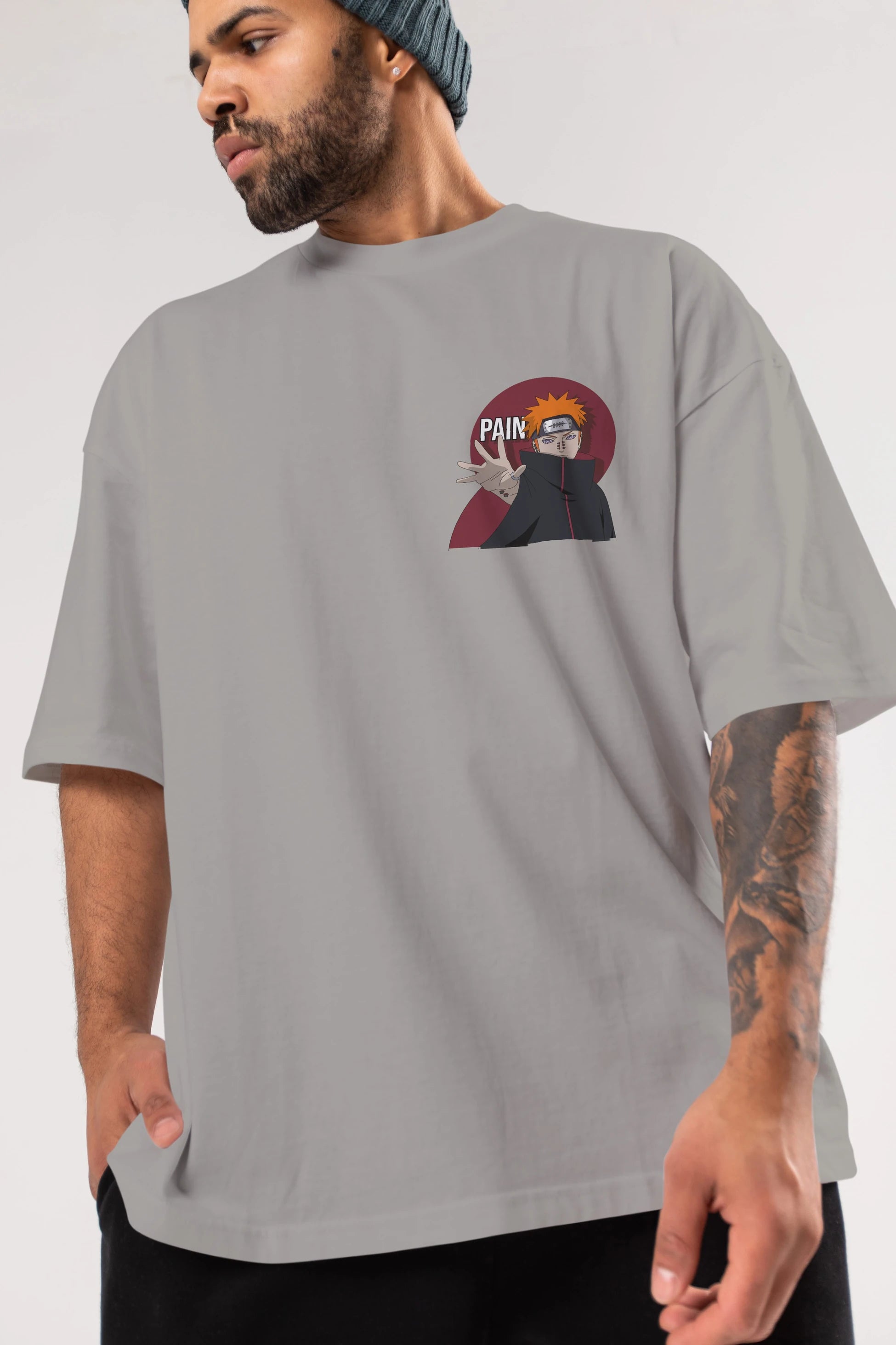 PAIN NARUTO Ön Sol Baskılı Oversize t-shirt Erkek Kadın Unisex %100 Pamuk Bisiklet Yaka tişort