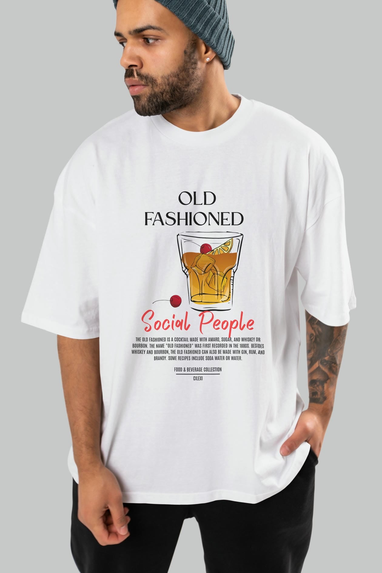 Old Fashıoned Kokteyl Serisi ön Baskılı Oversize t-shirt Erkek Kadın %100 Pamuk Bisiklet Yaka tişort