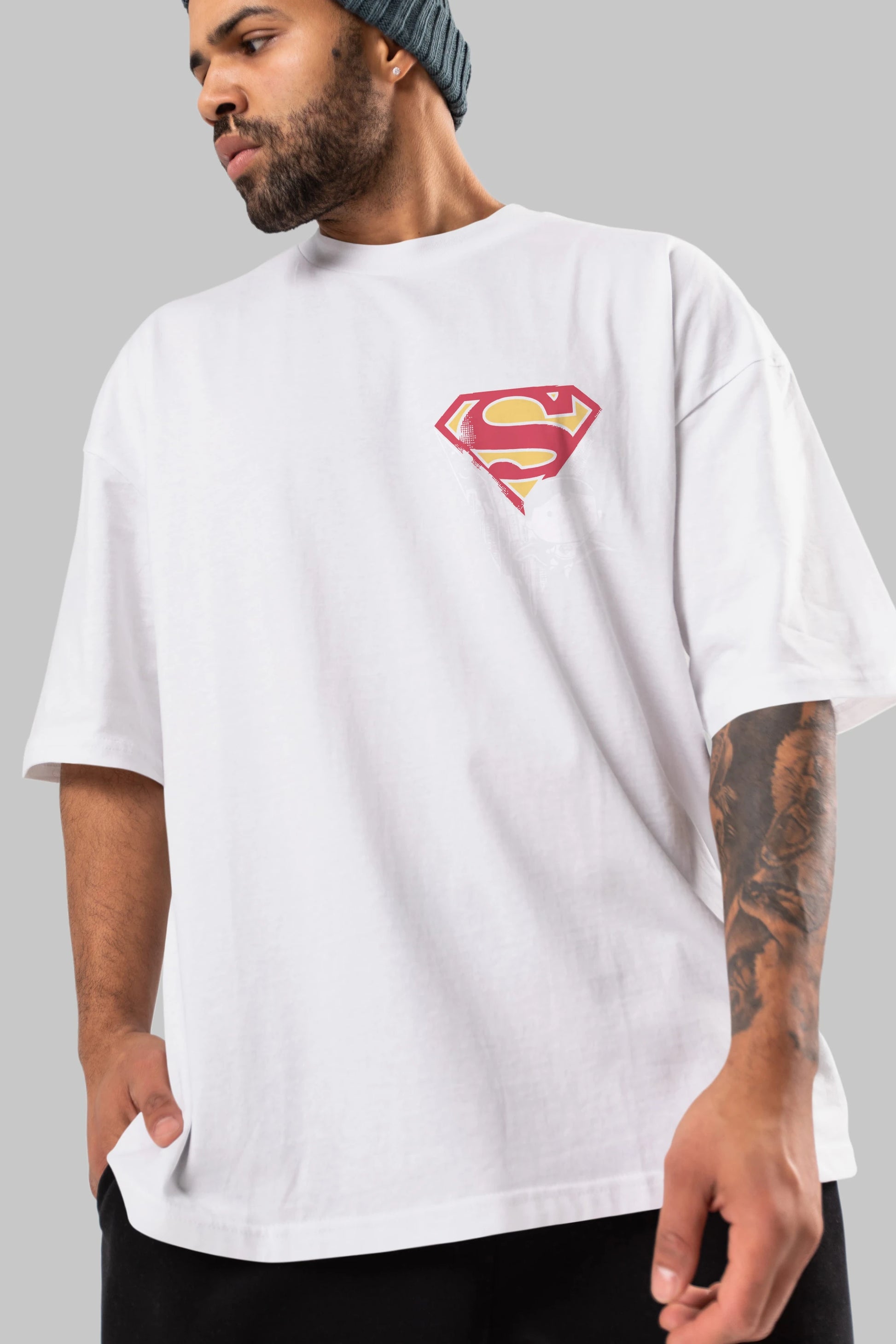 Superman Ön Sol Baskılı Oversize t-shirt Erkek Kadın Unisex %100 Pamuk Bisiklet Yaka tişort
