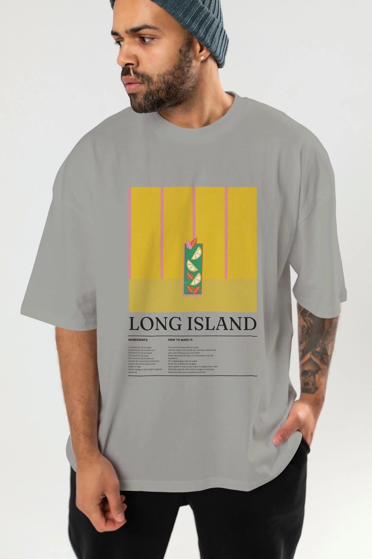 Long Island Kokteyl Ön Baskılı Oversize t-shirt Erkek Kadın %100 Pamuk Bisiklet Yaka tişort