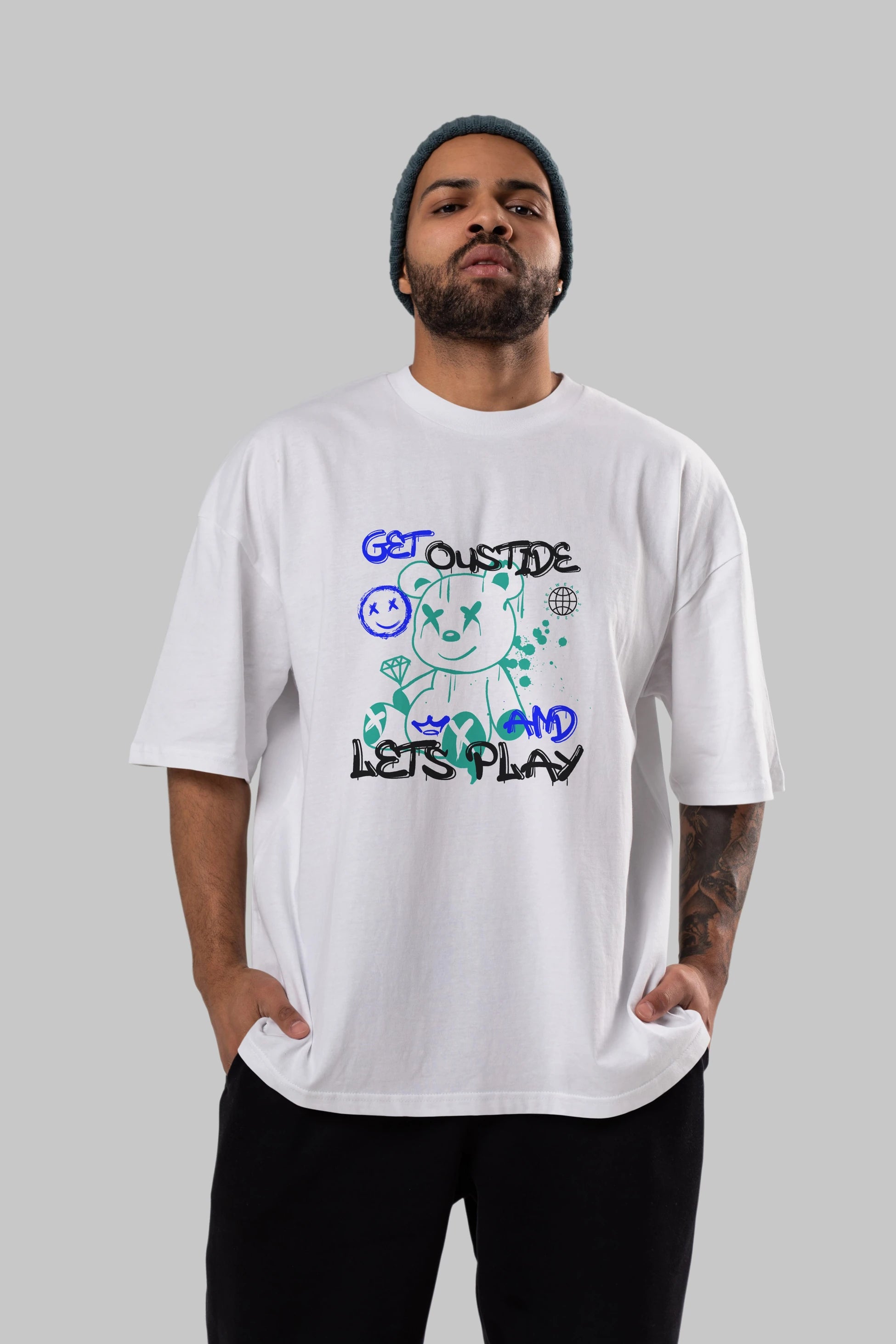 Get Outside Bear Ön Baskılı Oversize t-shirt Erkek Kadın Unisex