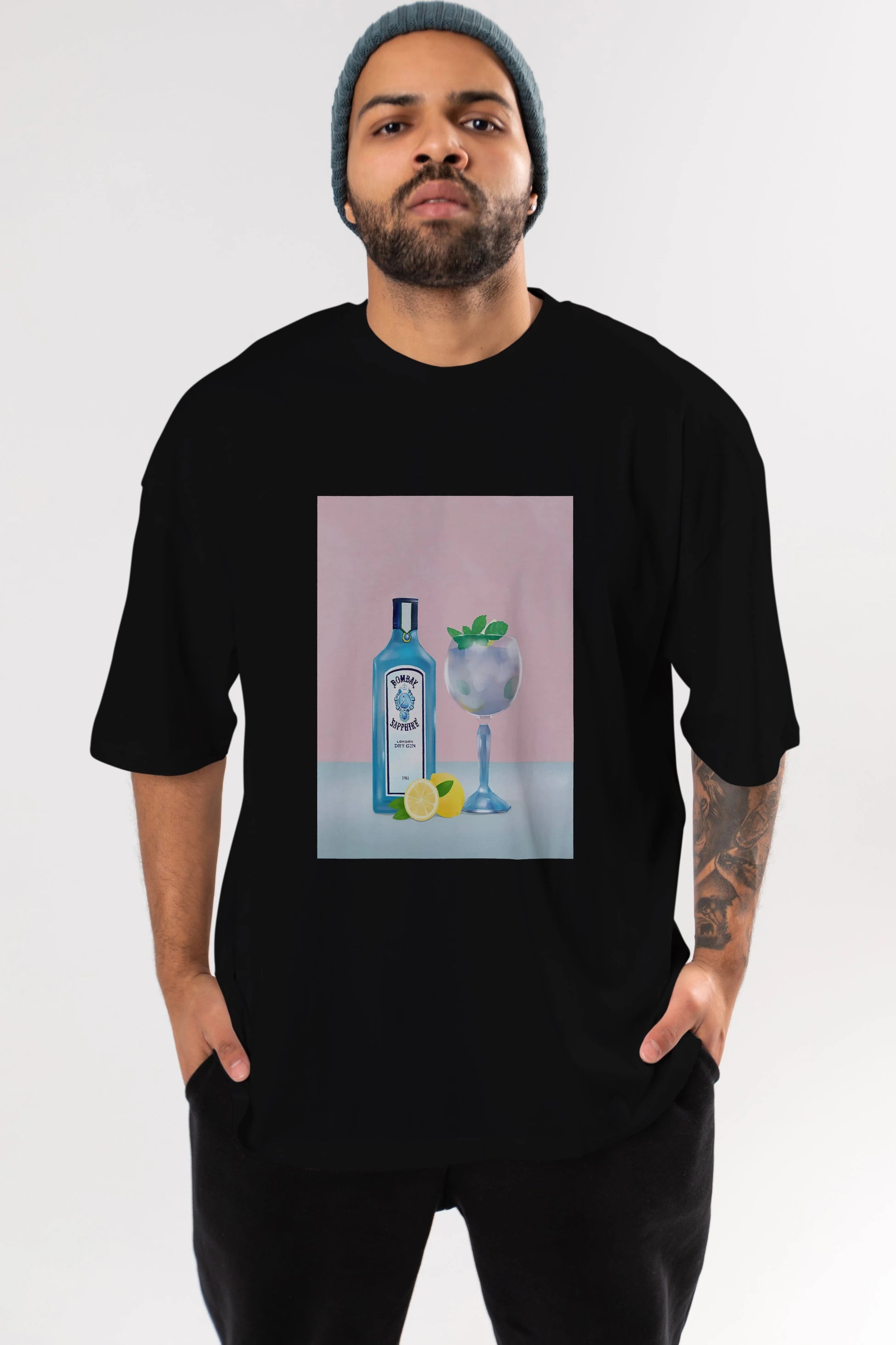 Bombay Sapphire Dry Gin Ön Baskılı Oversize t-shirt Erkek Kadın Unisex %100 Pamuk Bisiklet Yaka tişort