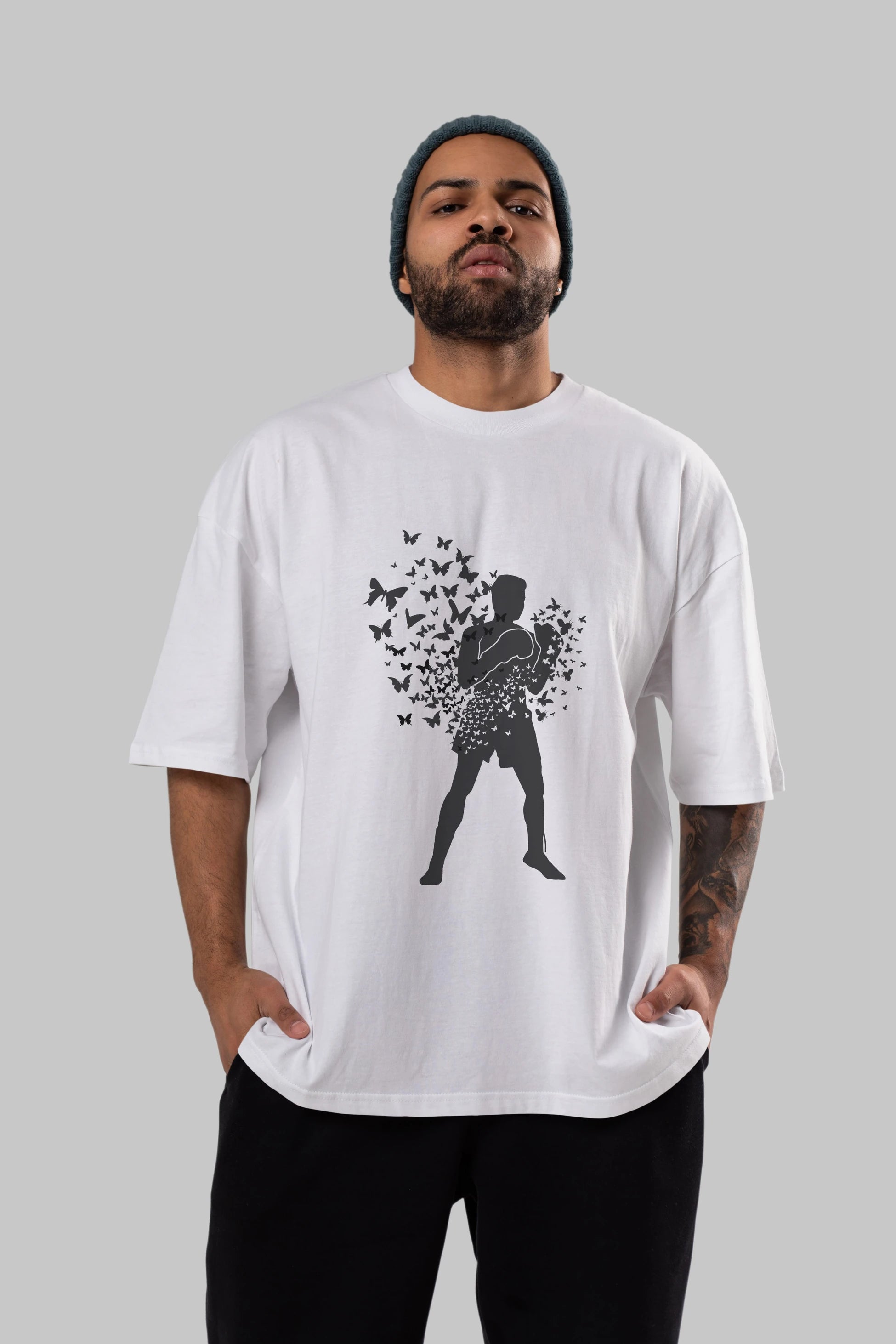 Float Like Butterfly Sting Like Bee Ön Baskılı Oversize t-shirt %100 pamuk Erkek Kadın Unisex