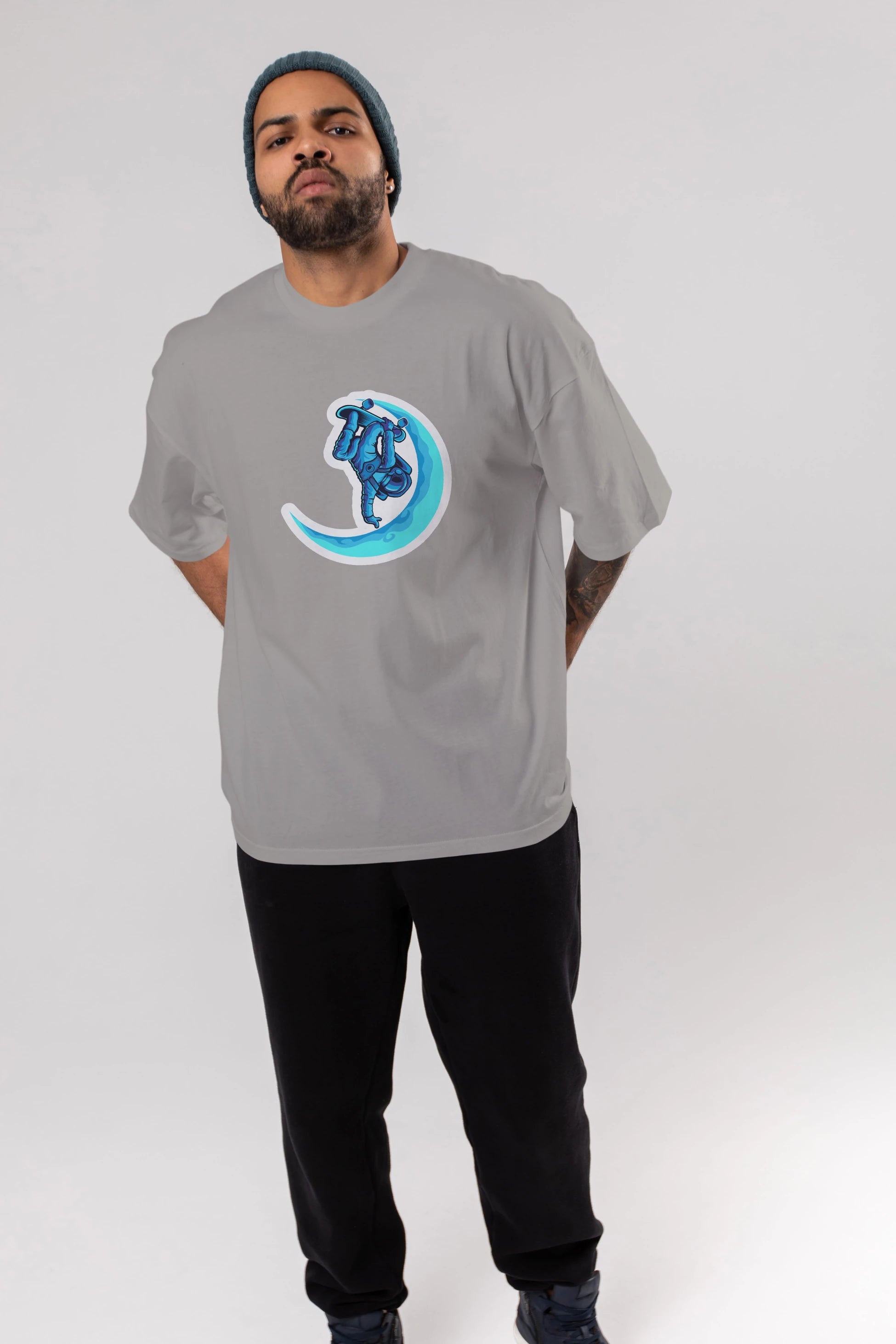 Skating on the moon sticker Ön Baskılı Oversize t-shirt Erkek Kadın Unisex