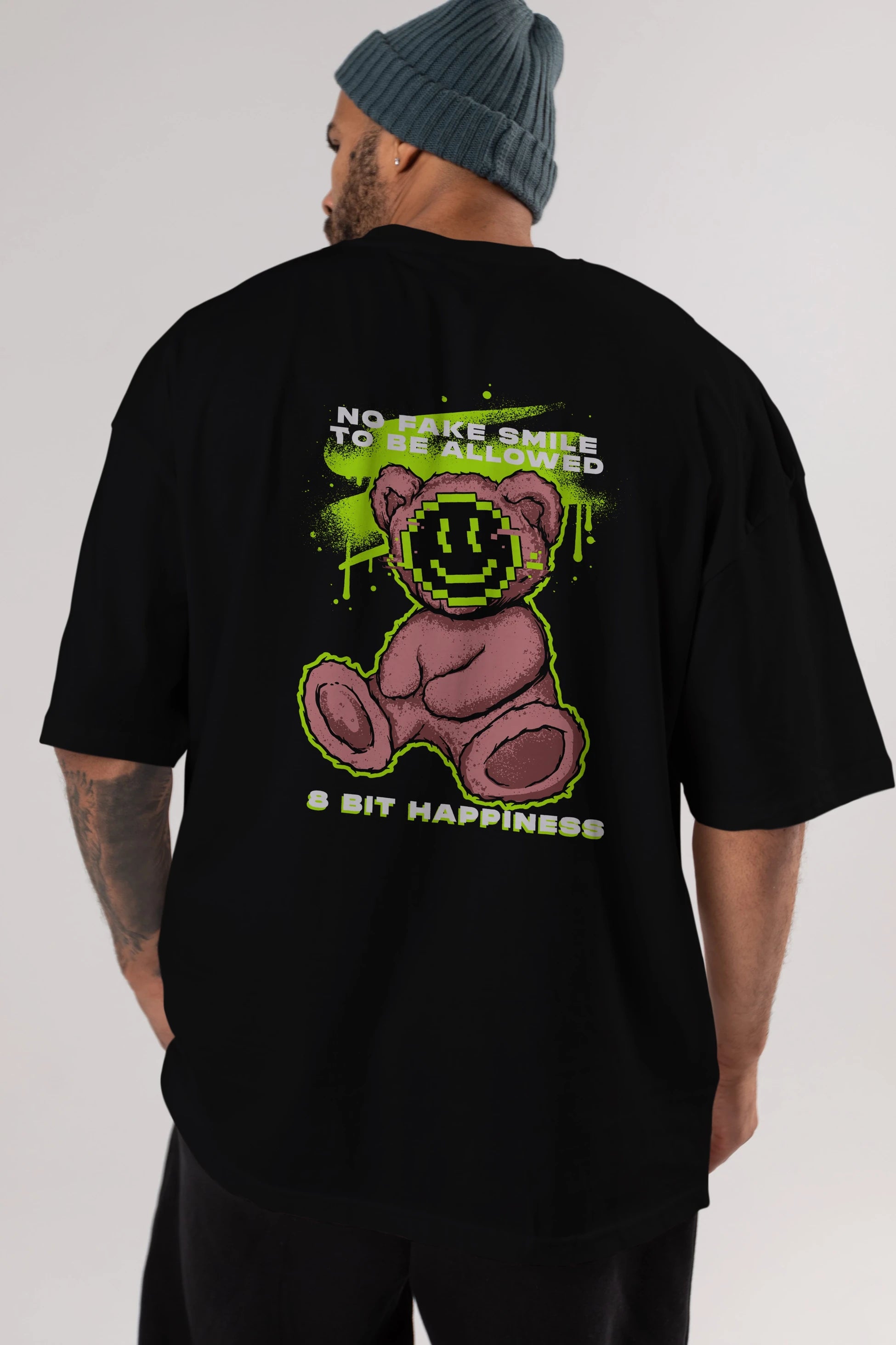 No Fake Smile Bear Arka Baskılı Oversize t-shirt Erkek Kadın Unisex