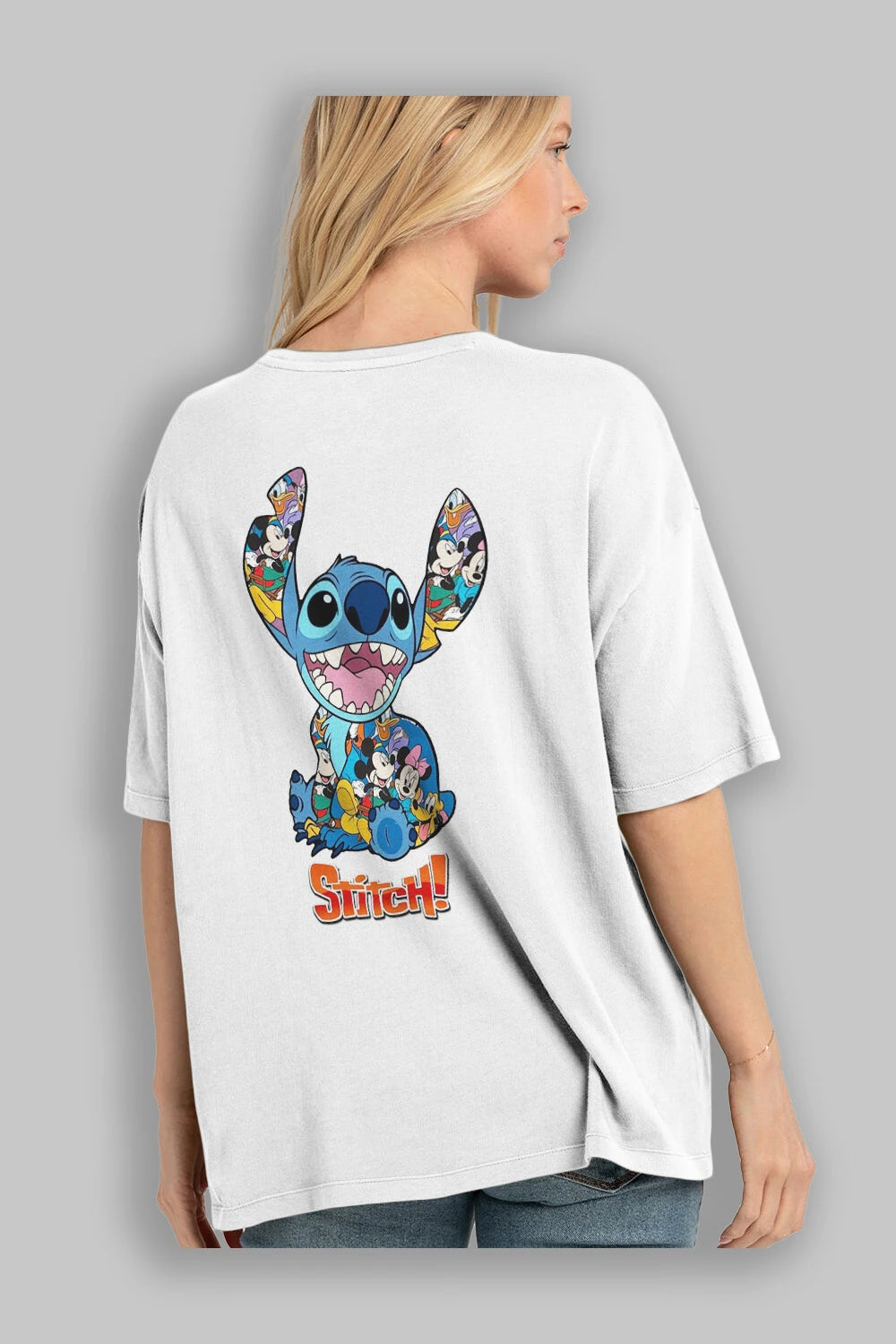 Stitch Arka Baskılı Oversize t-shirt Erkek Kadın Unisex %100 Pamuk Bisiklet Yaka tişort