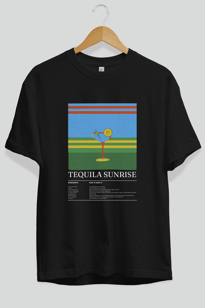 Tequila Sunrise Kokteyl Ön Baskılı Oversize t-shirt Erkek Kadın %100 Pamuk Bisiklet Yaka tişort