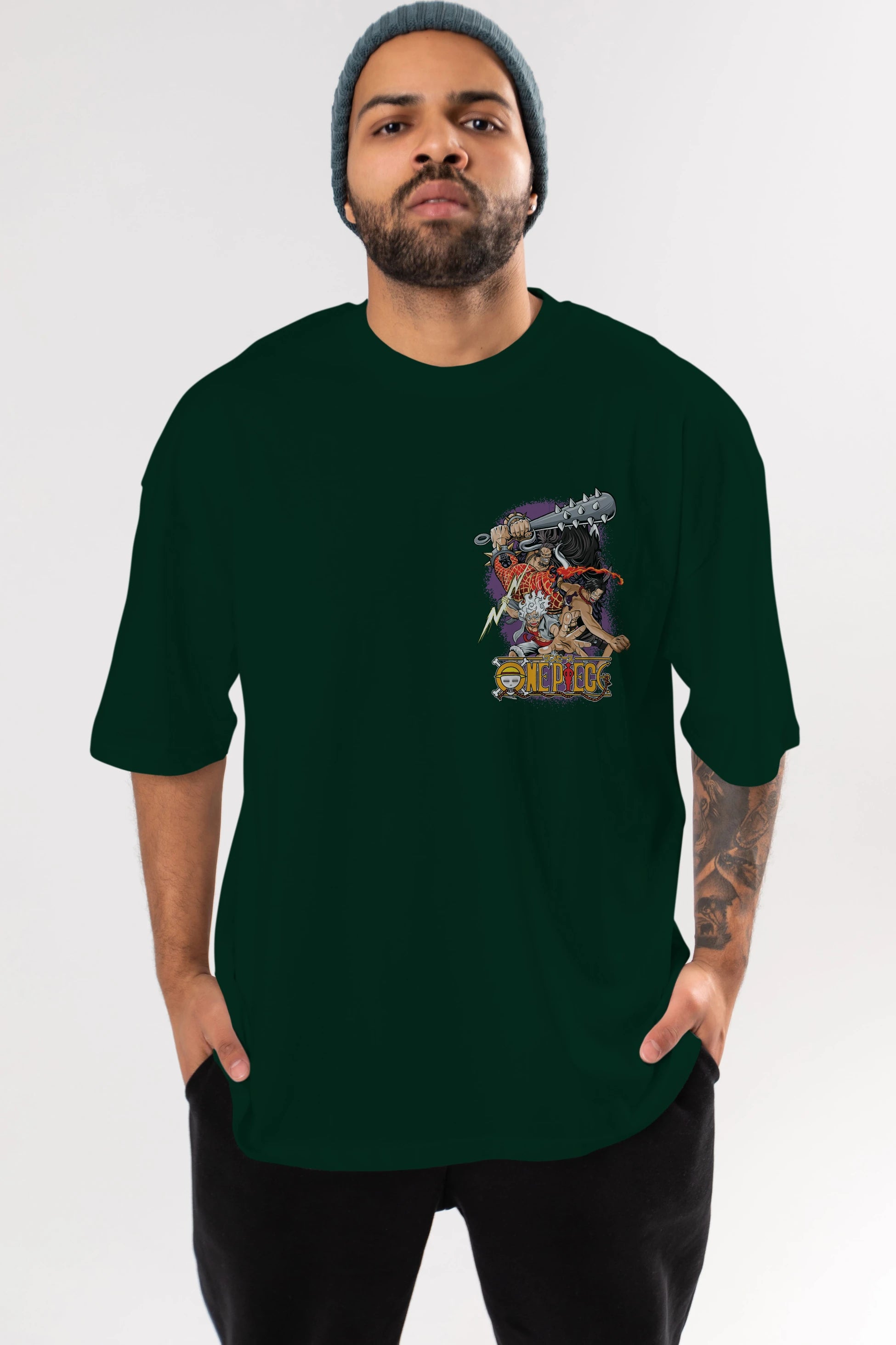 ONE PIECE (6) Ön Sol Baskılı Oversize t-shirt Erkek Kadın Unisex %100 Pamuk Bisiklet Yaka tişort
