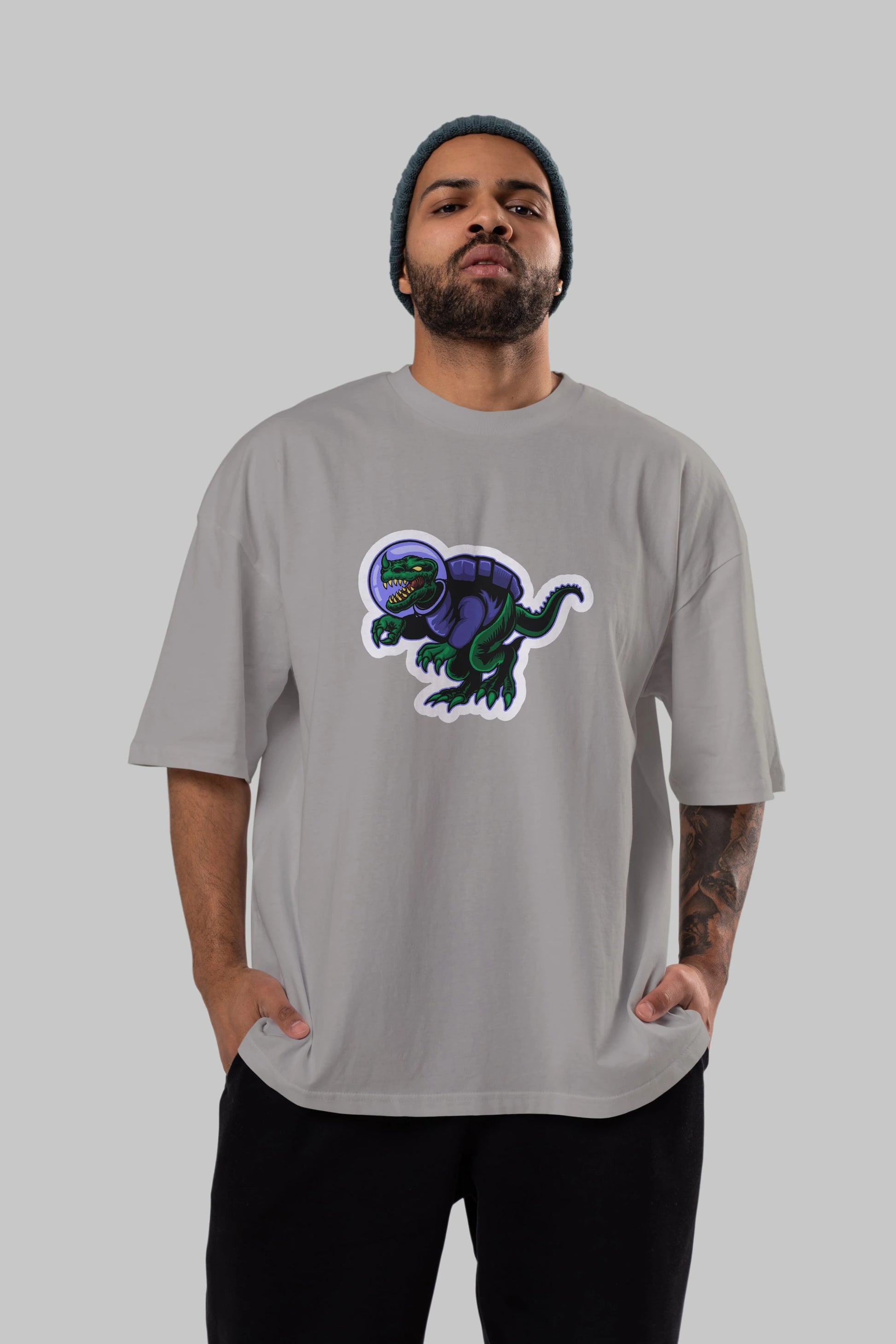 Space Dino Sticker Ön Baskılı Oversize t-shirt Erkek Kadın Unisex