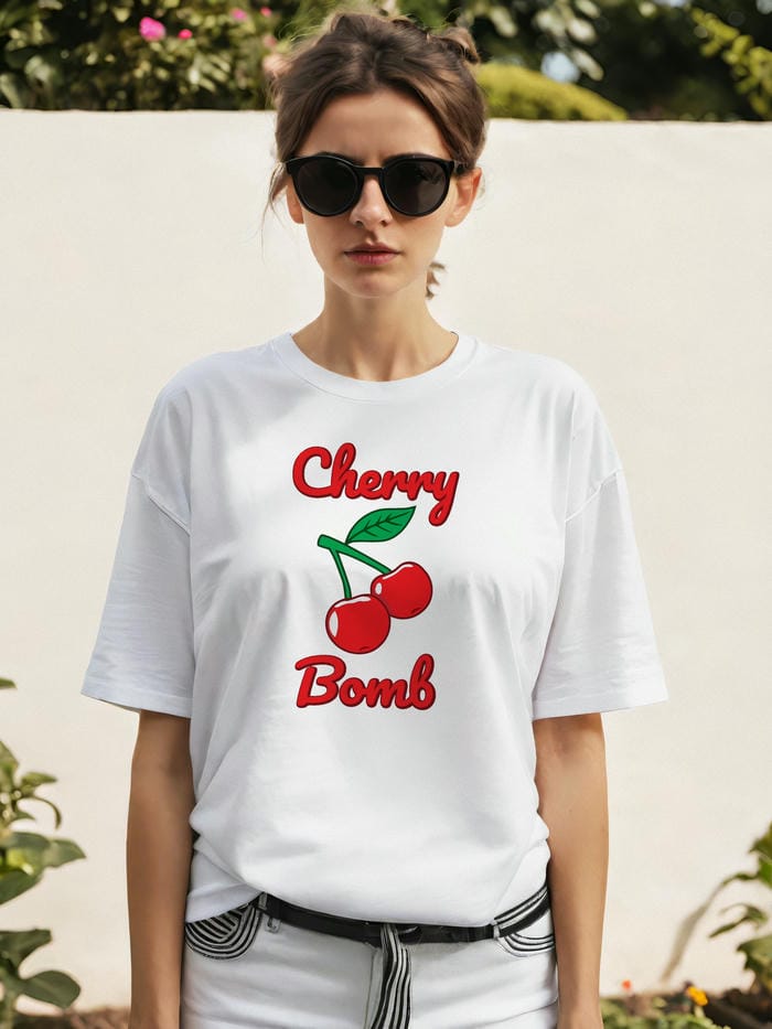 Cherry Bomb Cherries 1 Ön Baskılı Oversize t-shirt Erkek Kadın Pamuk Bisiklet Yaka tişort