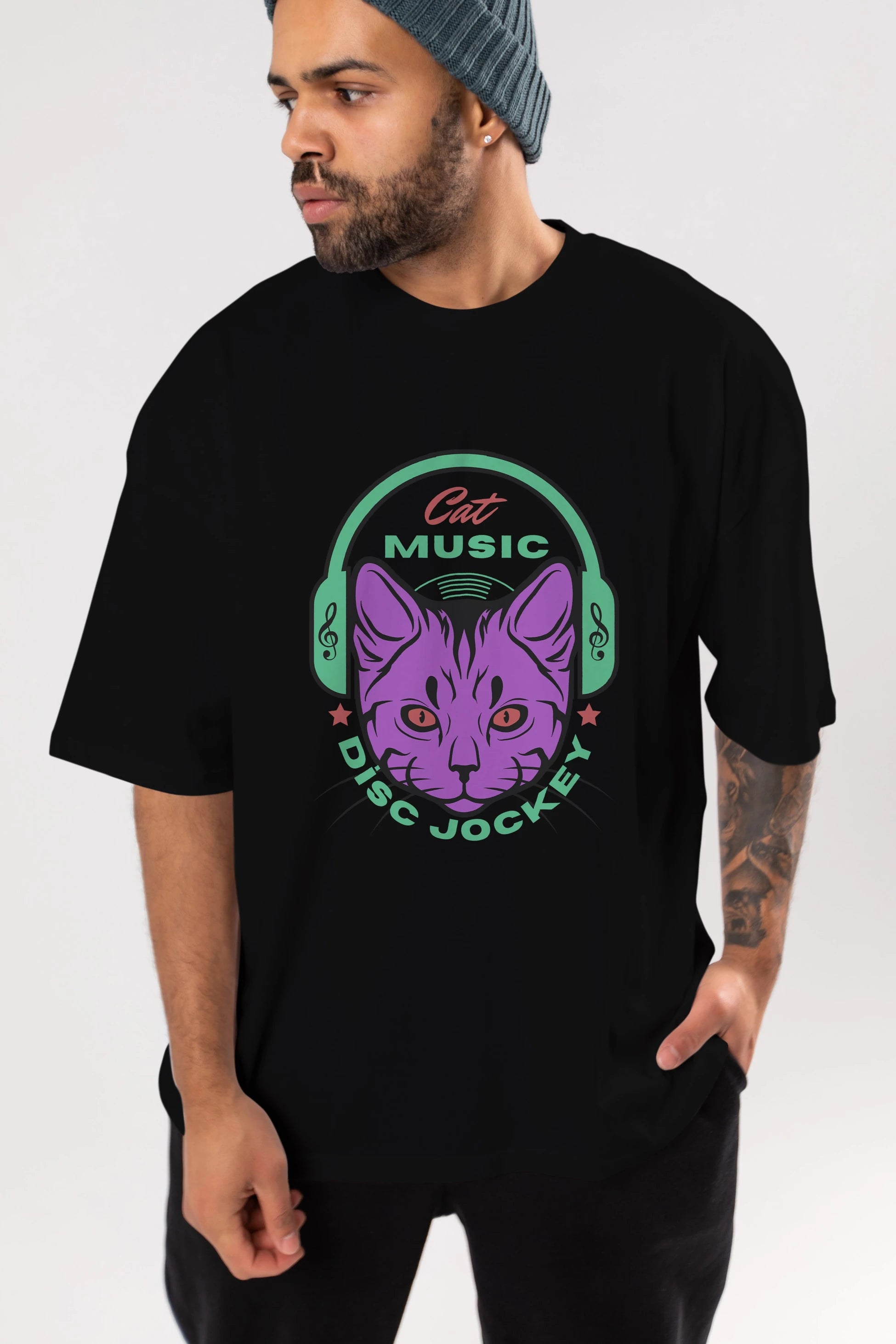 Cat Music Ön Baskılı Oversize t-shirt Erkek Kadın Unisex