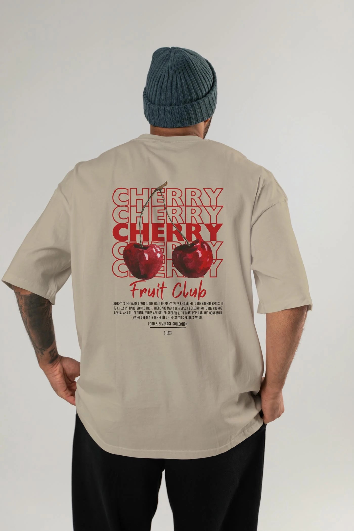 Cherry Arka Baskılı Oversize t-shirt Erkek Kadın Pamuk Bisiklet Yaka tişort
