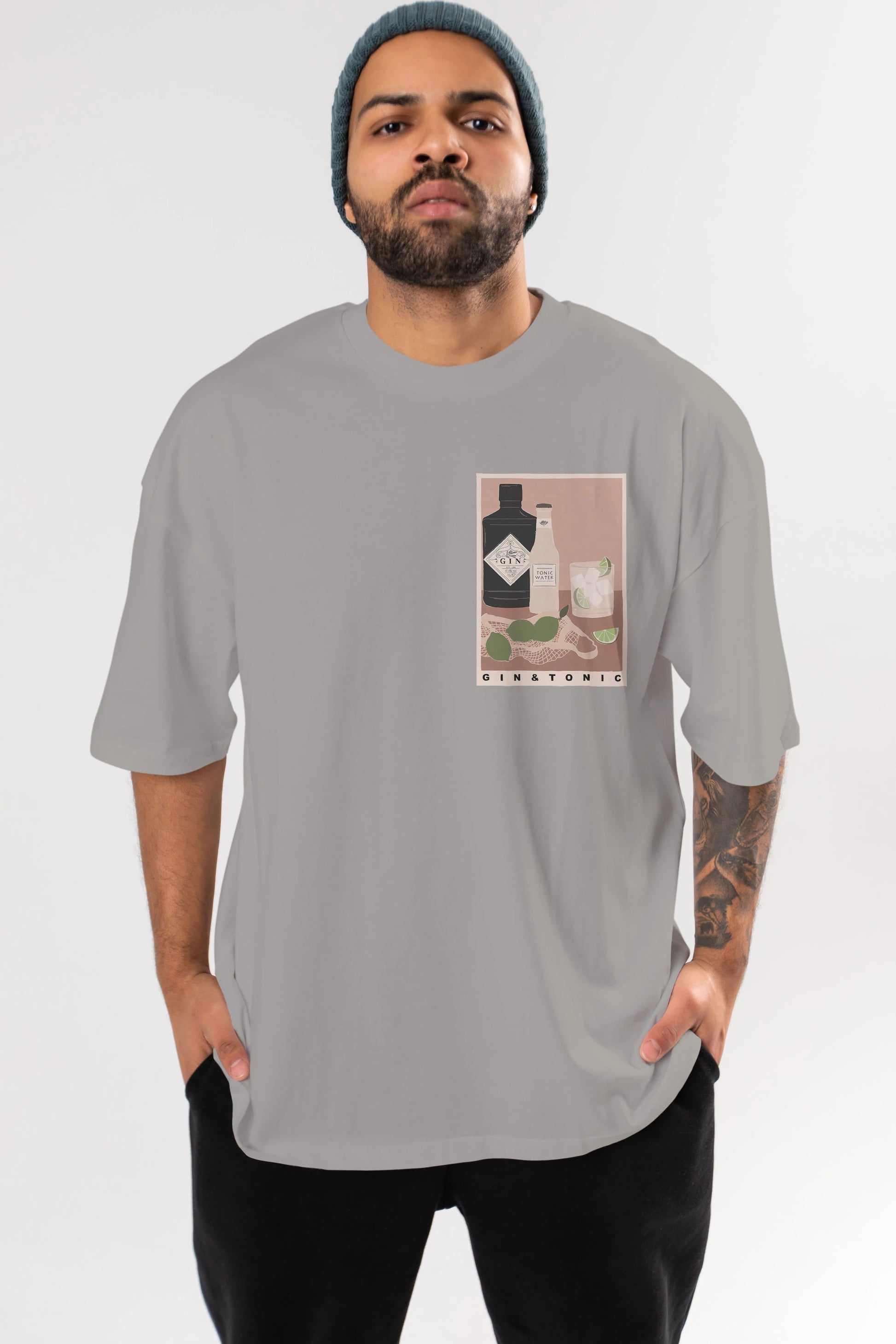 Gin Tonic Ön Sol Baskılı Oversize t-shirt Erkek Kadın Unisex %100 Pamuk Bisiklet Yaka tişort