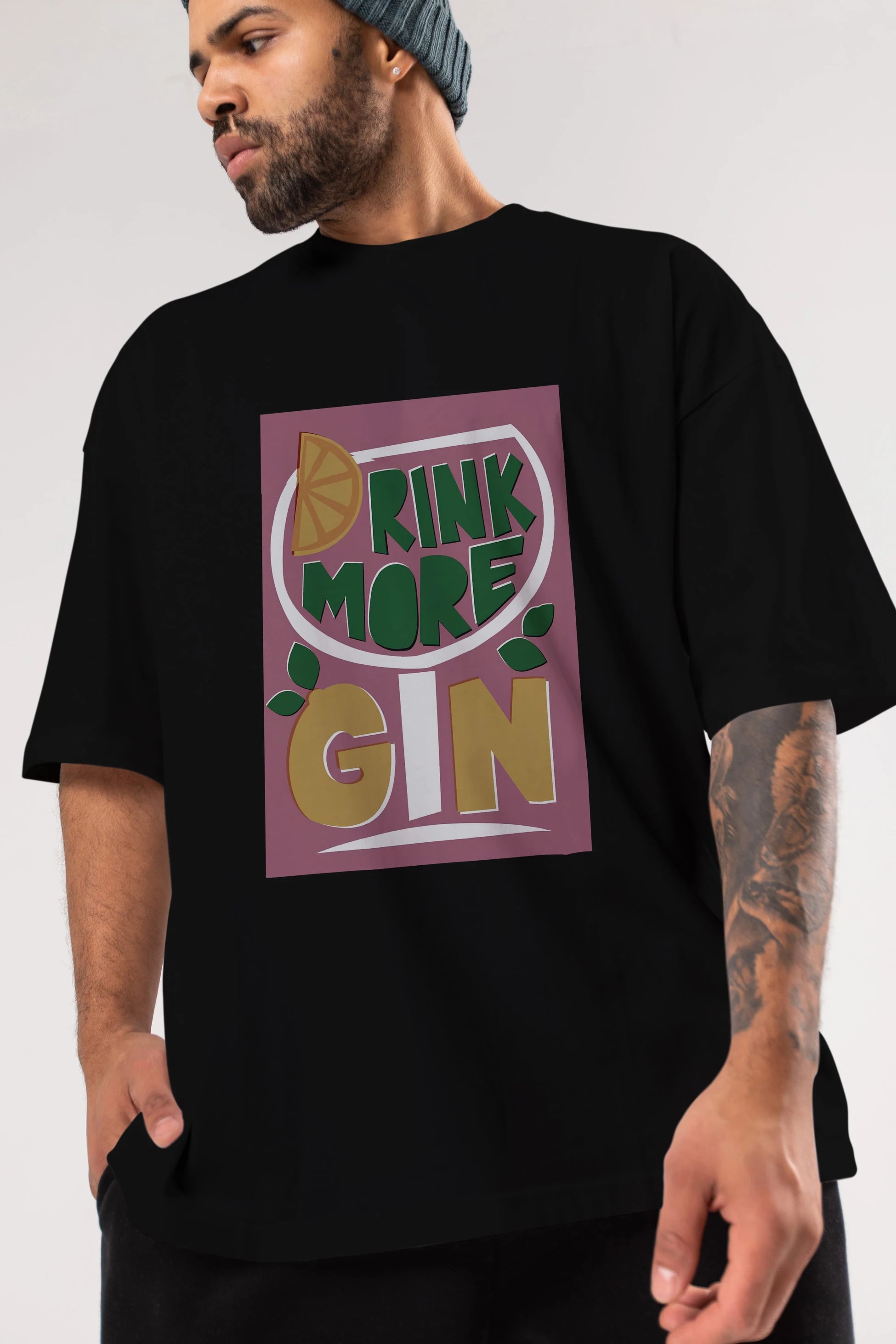 Drink More Gin Ön Baskılı Oversize t-shirt Erkek Kadın Unisex %100 Pamuk Bisiklet Yaka tişort