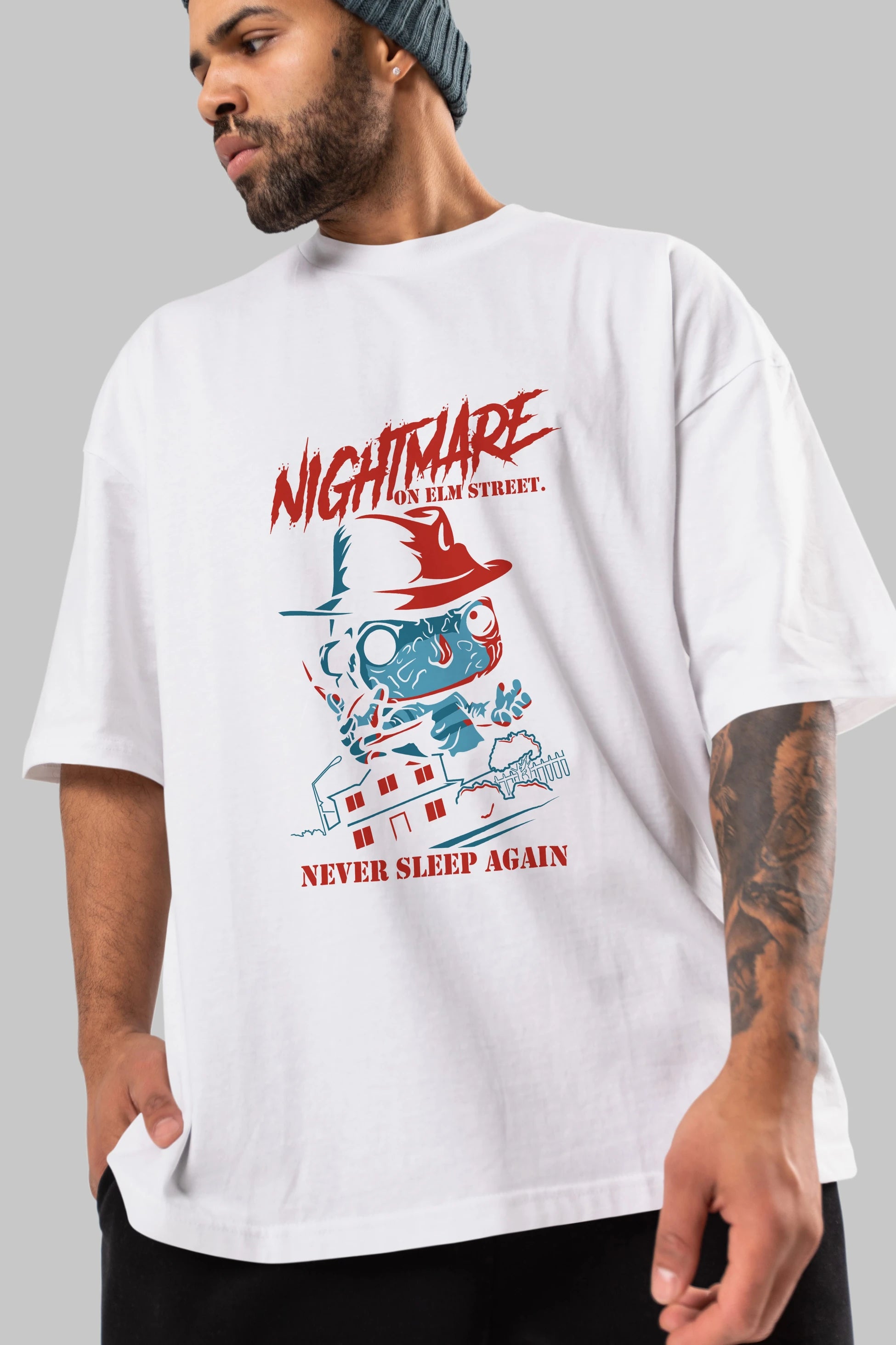 Nightmare Elm Sokağı Ön Baskılı Oversize t-shirt Erkek Kadın Unisex %100 Pamuk Bisiklet Yaka tişort