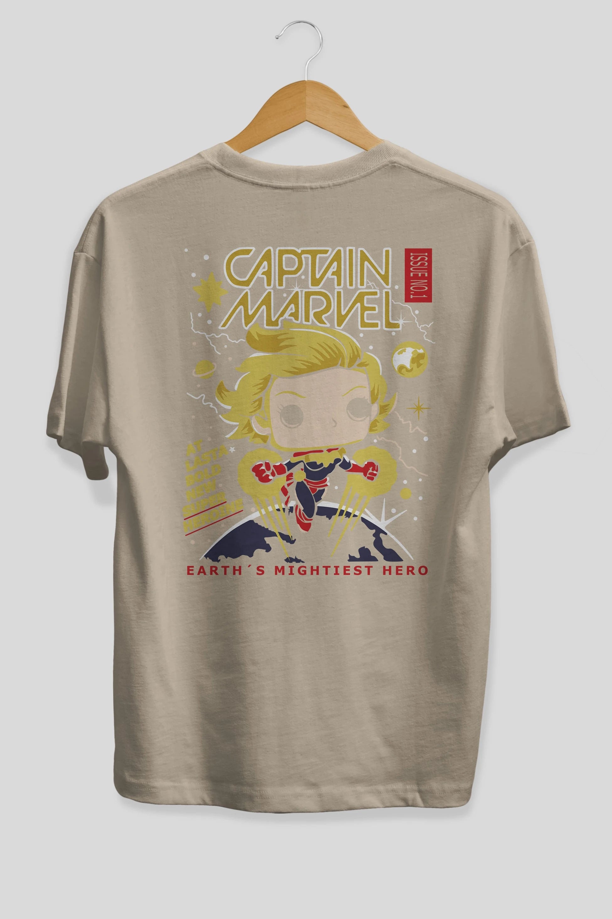 Captain Marvel Arka Baskılı Oversize t-shirt Erkek Kadın Unisex %100 Pamuk Bisiklet Yaka tişort