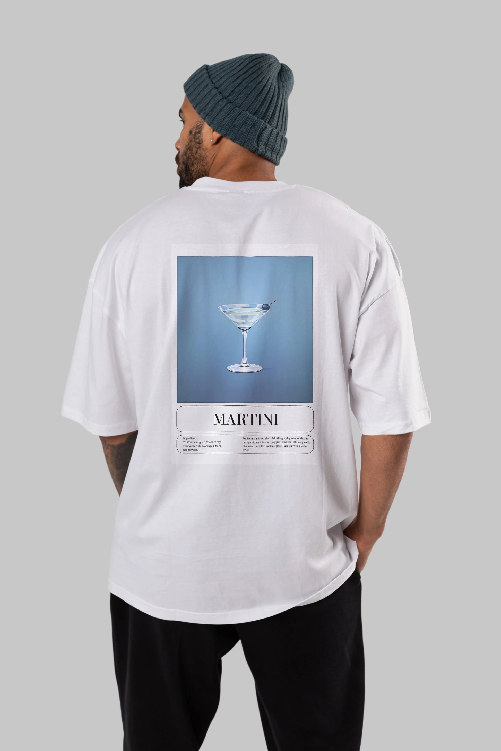 Martini Arka Baskılı Oversize t-shirt Erkek Kadın Unisex %100 Pamuk Bisiklet Yaka tişort
