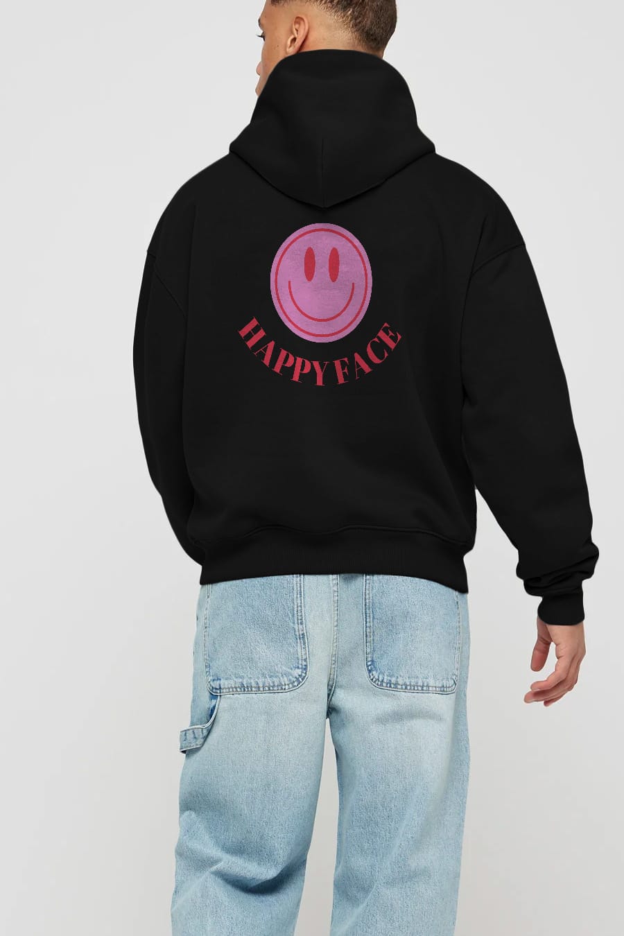 Happy Face Yazılı Arka Baskılı Oversize Hoodie Kapüşonlu Sweatshirt Erkek Kadın Unisex