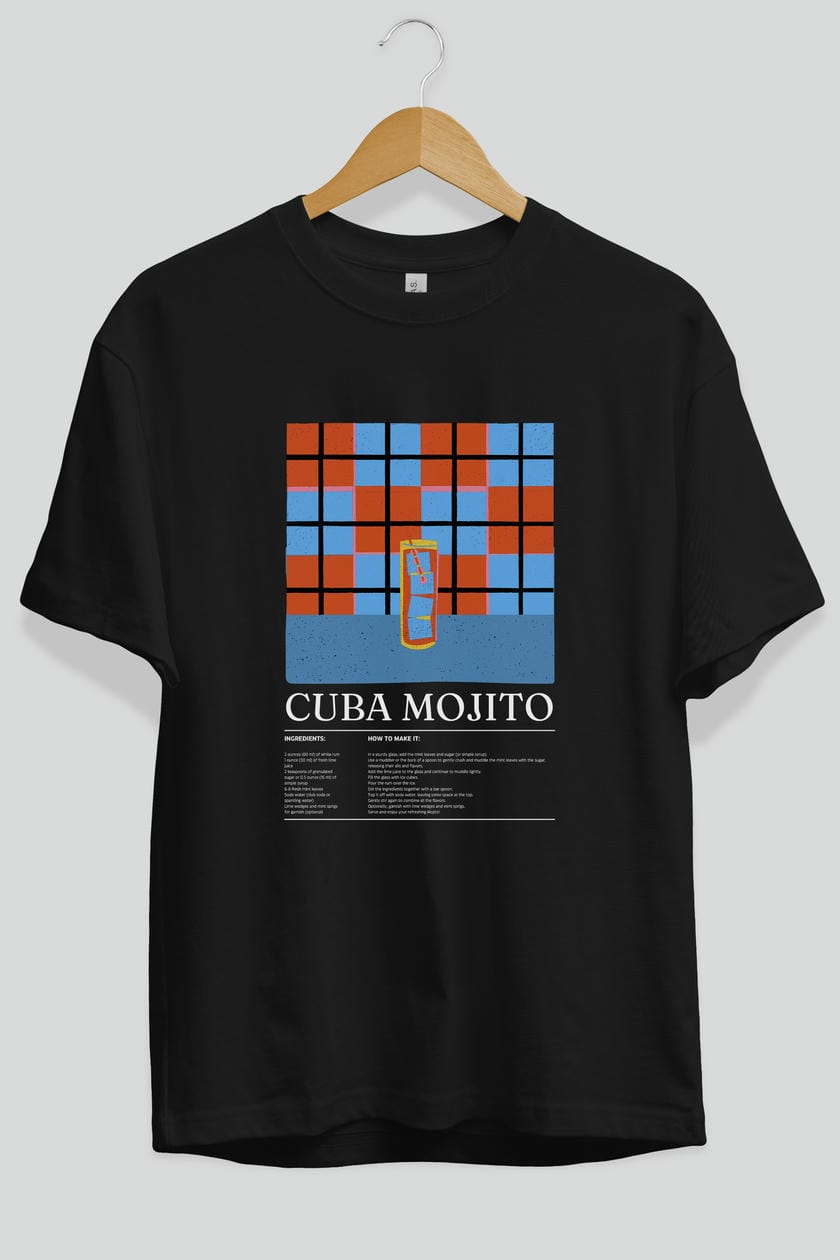 Cuba Mojito Kokteyl Ön Baskılı Oversize t-shirt Erkek Kadın %100 Pamuk Bisiklet Yaka tişort