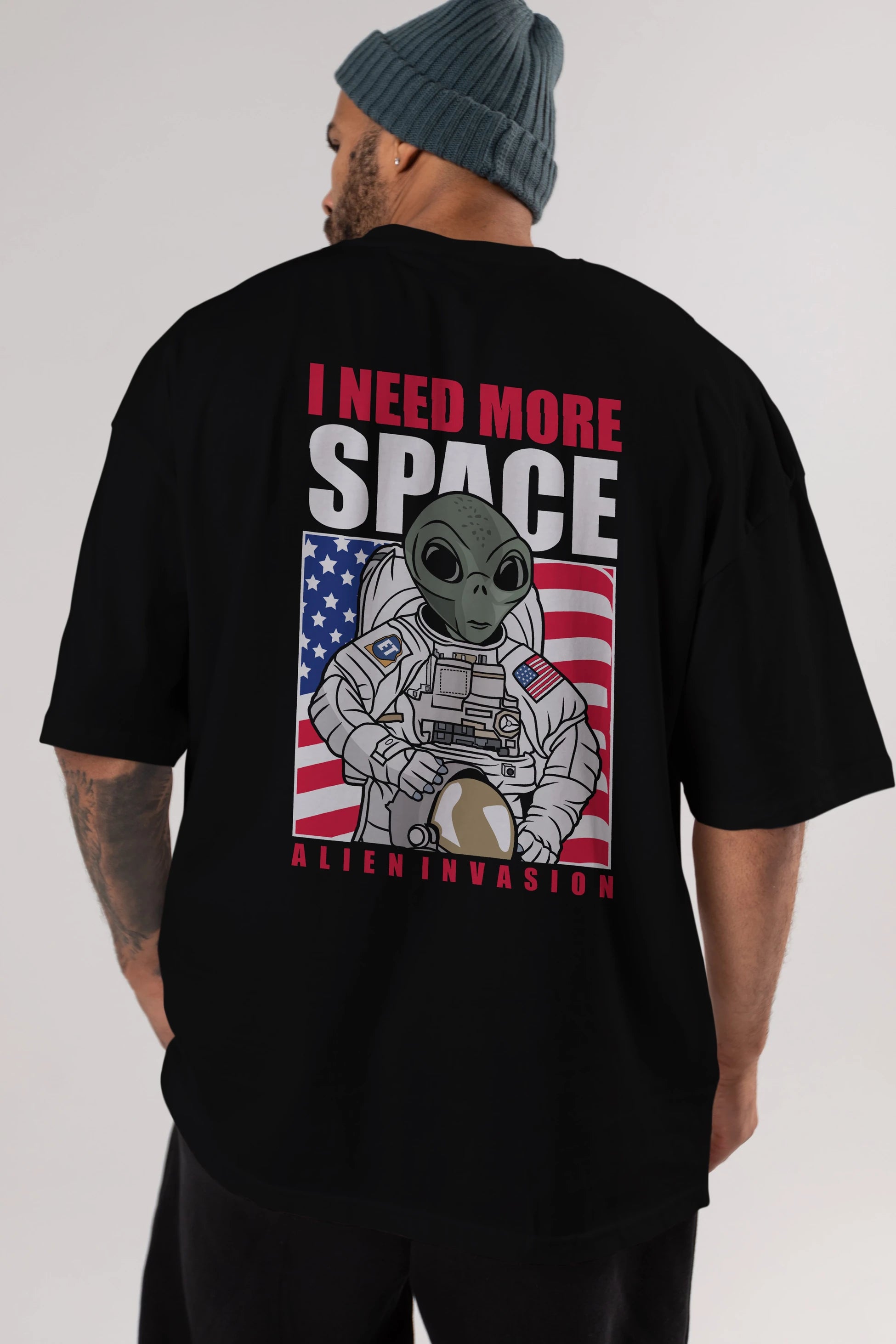 Alien Astronaut Arka Baskılı Oversize t-shirt Erkek Kadın Unisex %100 Pamuk tişort
