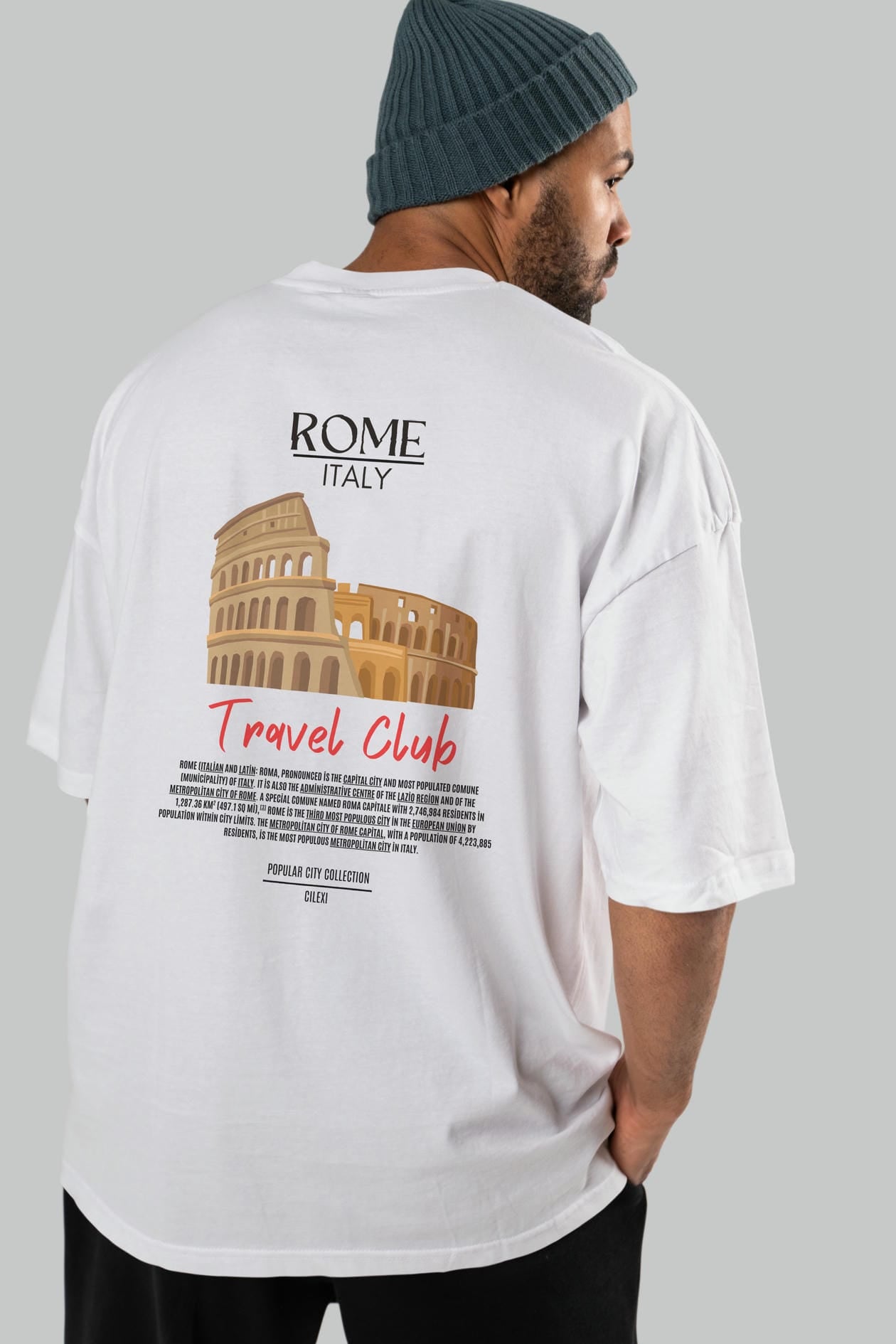 Roma İtaly Arka Baskılı Oversize t-shirt Erkek Kadın Pamuk Bisiklet Yaka tişort