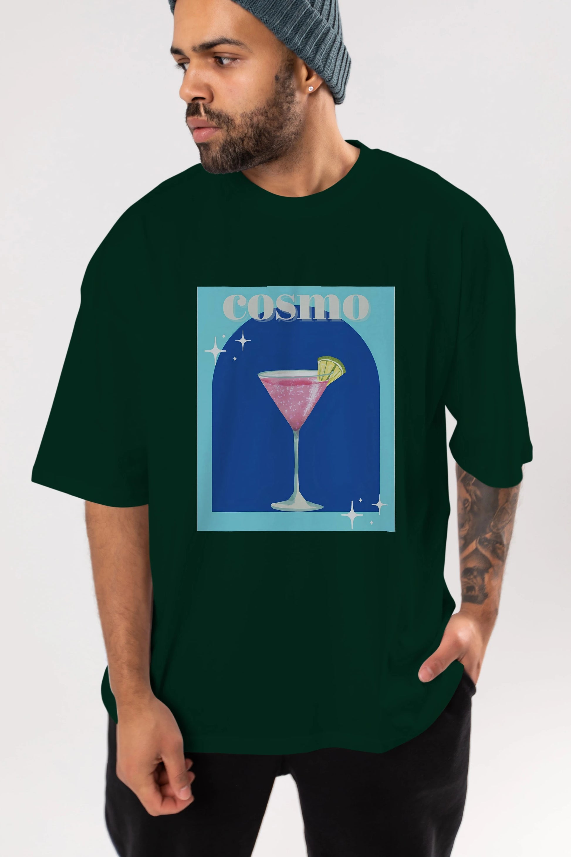 Cosmopolitan 2 Ön Baskılı Oversize t-shirt Erkek Kadın Unisex %100 Pamuk Bisiklet Yaka tişort