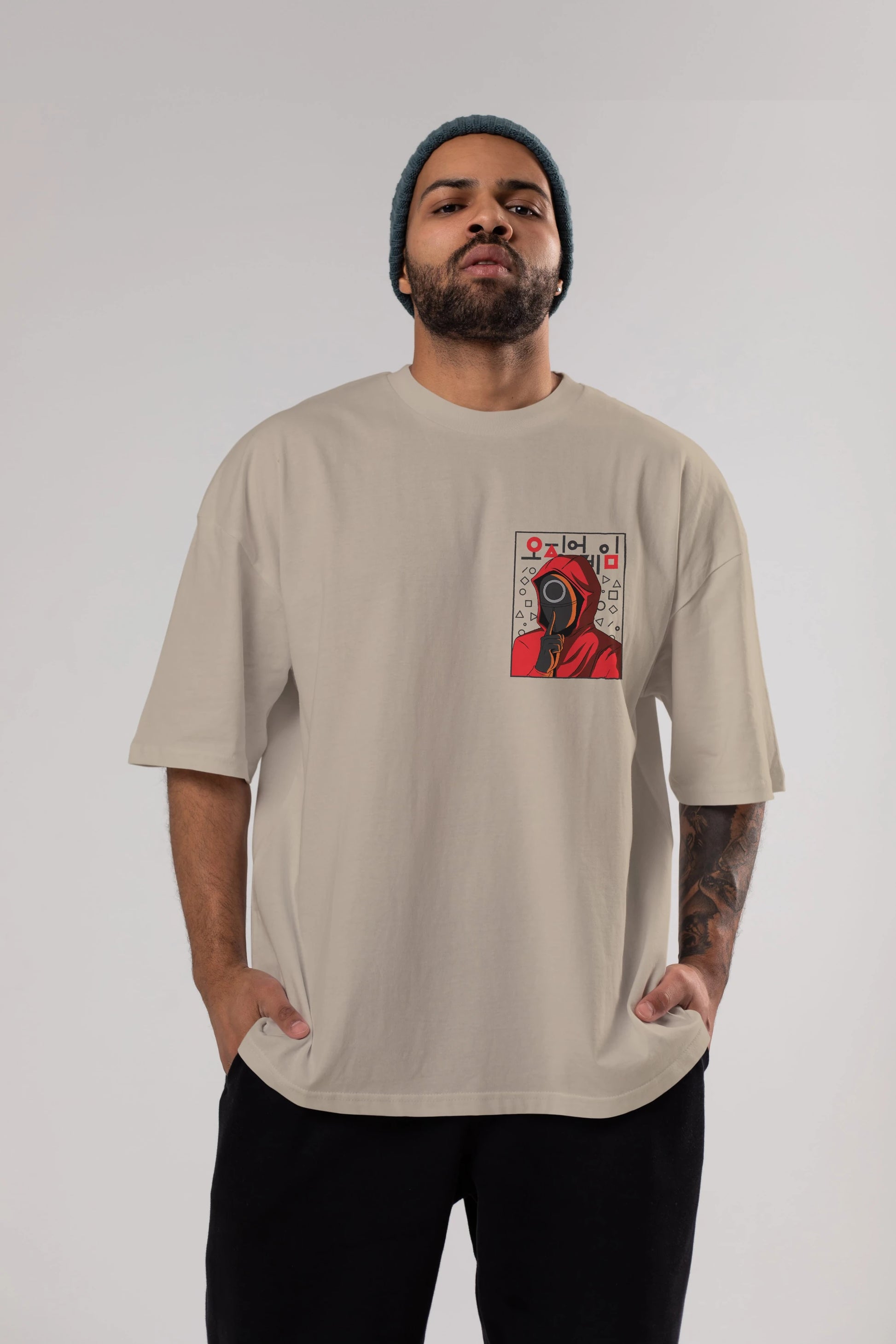 Squid Game (5) Ön Sol Baskılı Oversize t-shirt Erkek Kadın Unisex %100 Pamuk Bisiklet Yaka tişort
