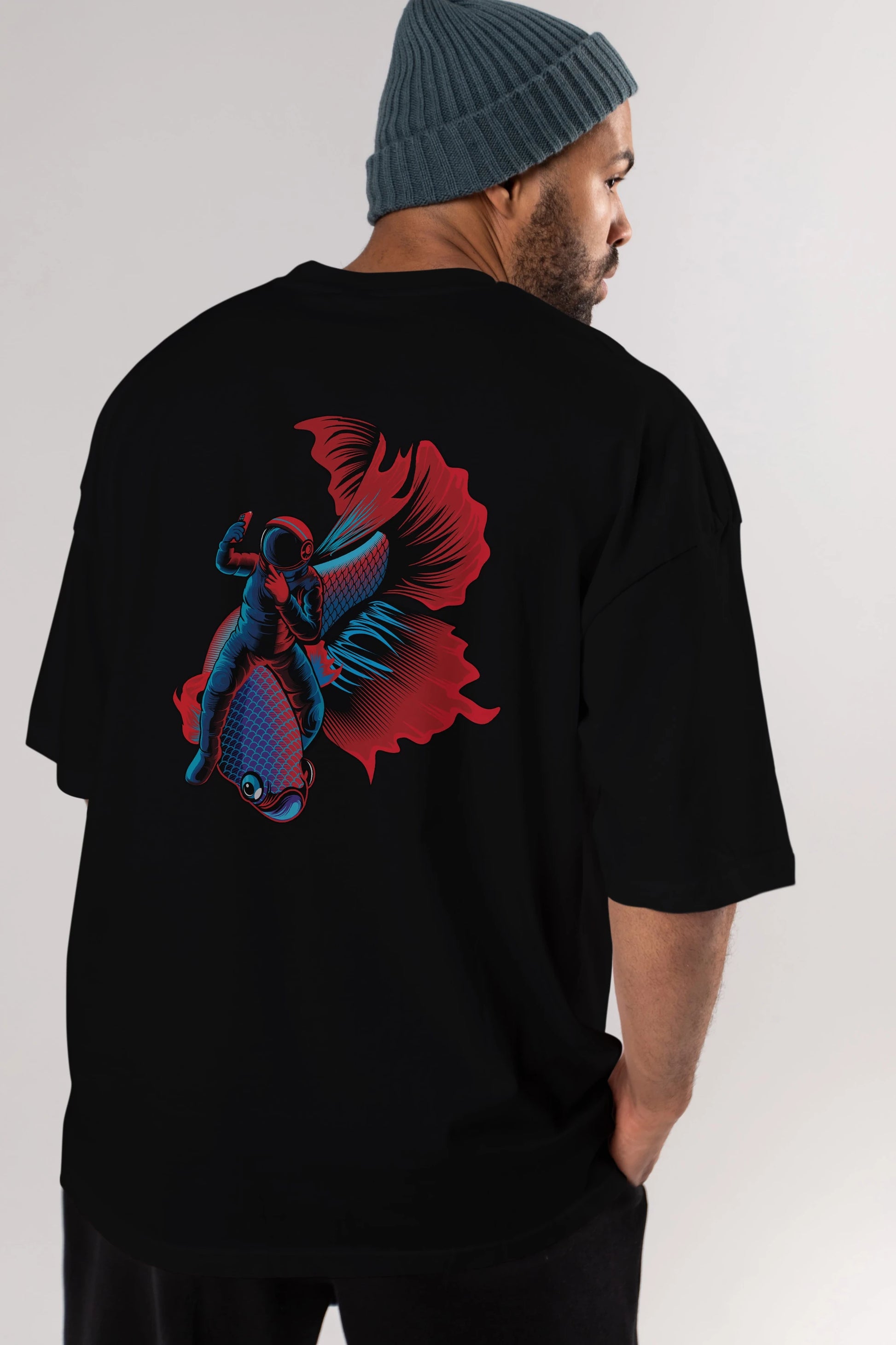 Astrofish selfie Arka Baskılı Oversize t-shirt Erkek Kadın Unisex