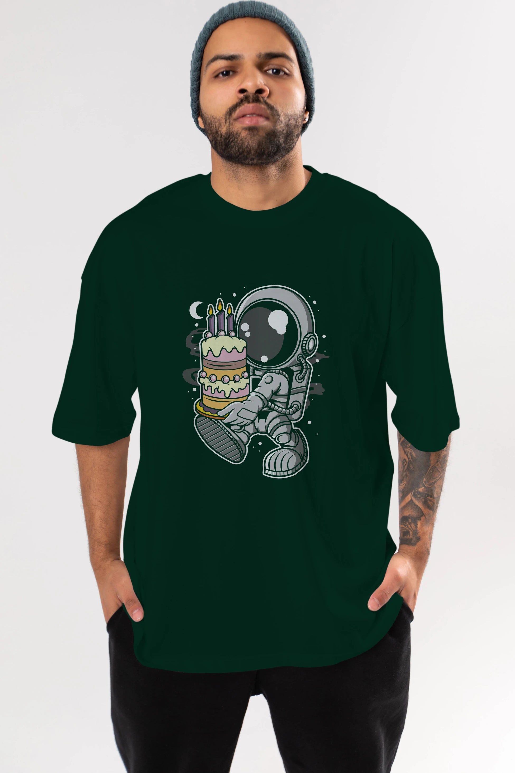 Astronaut Birthday Cake Ön Baskılı Oversize t-shirt Erkek Kadın Unisex