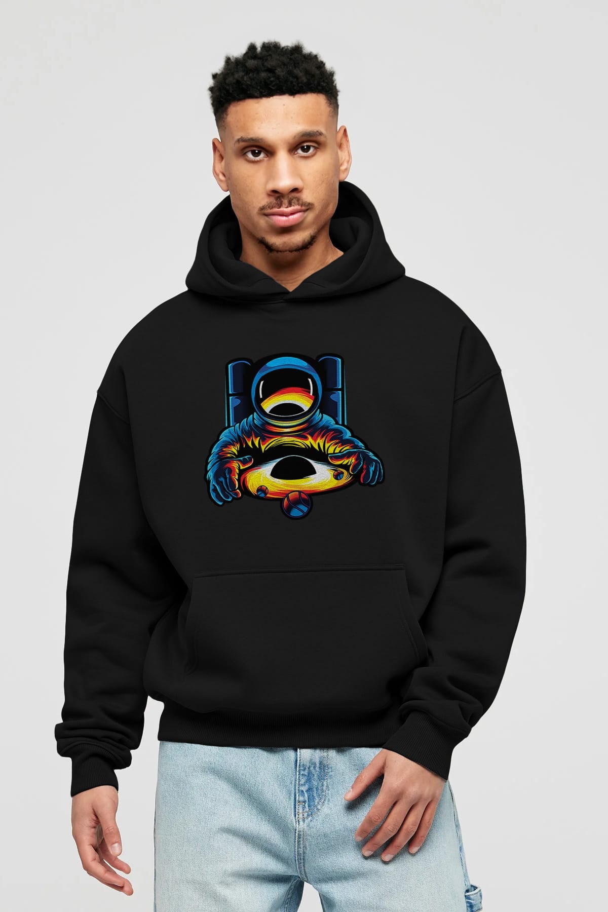 Astronaut & Black Hole Ön Baskılı Hoodie Oversize Kapüşonlu Sweatshirt Erkek Kadın Unisex