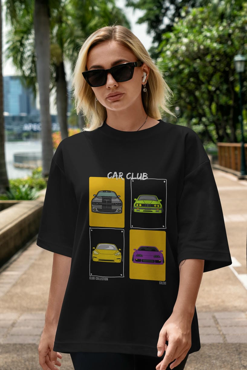 Car Club ön Baskılı Oversize t-shirt Erkek Kadın %100 Pamuk Bisiklet Yaka tişort
