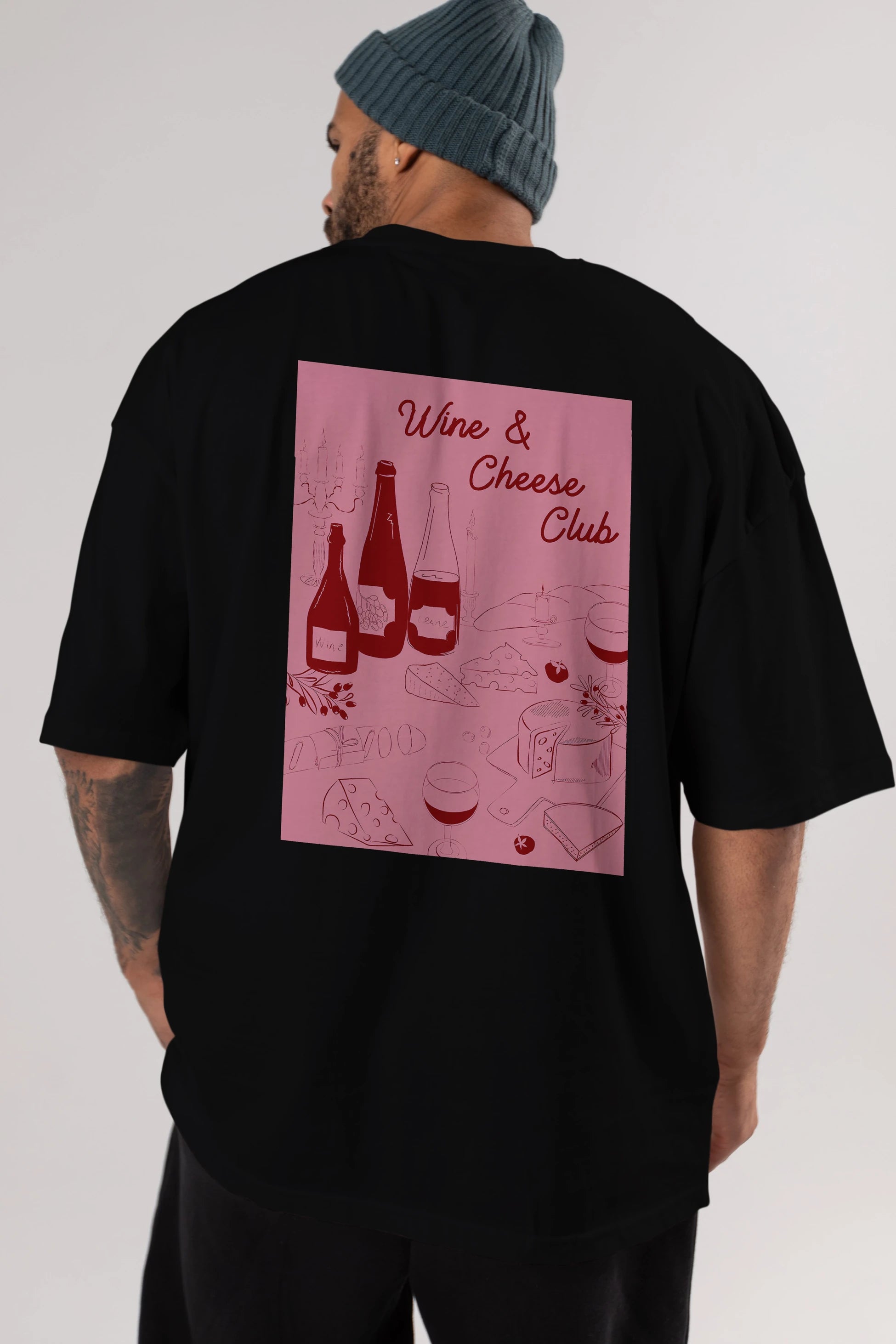 Wine Cheese Club Arka Baskılı Oversize t-shirt Erkek Kadın Unisex %100 Pamuk Bisiklet Yaka tişort