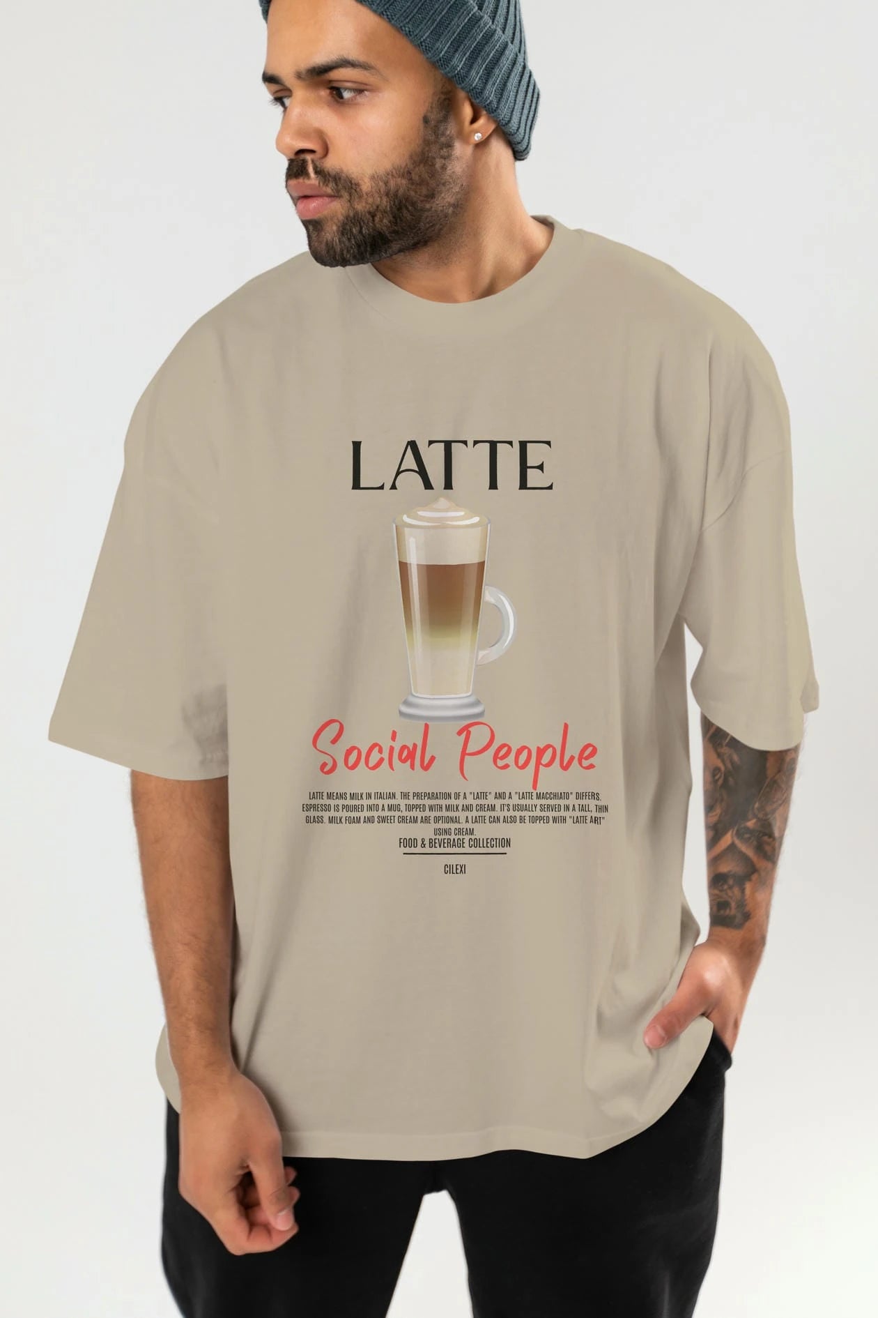 Latte Kokteyl Serisi ön Baskılı Oversize t-shirt Erkek Kadın %100 Pamuk Bisiklet Yaka tişort