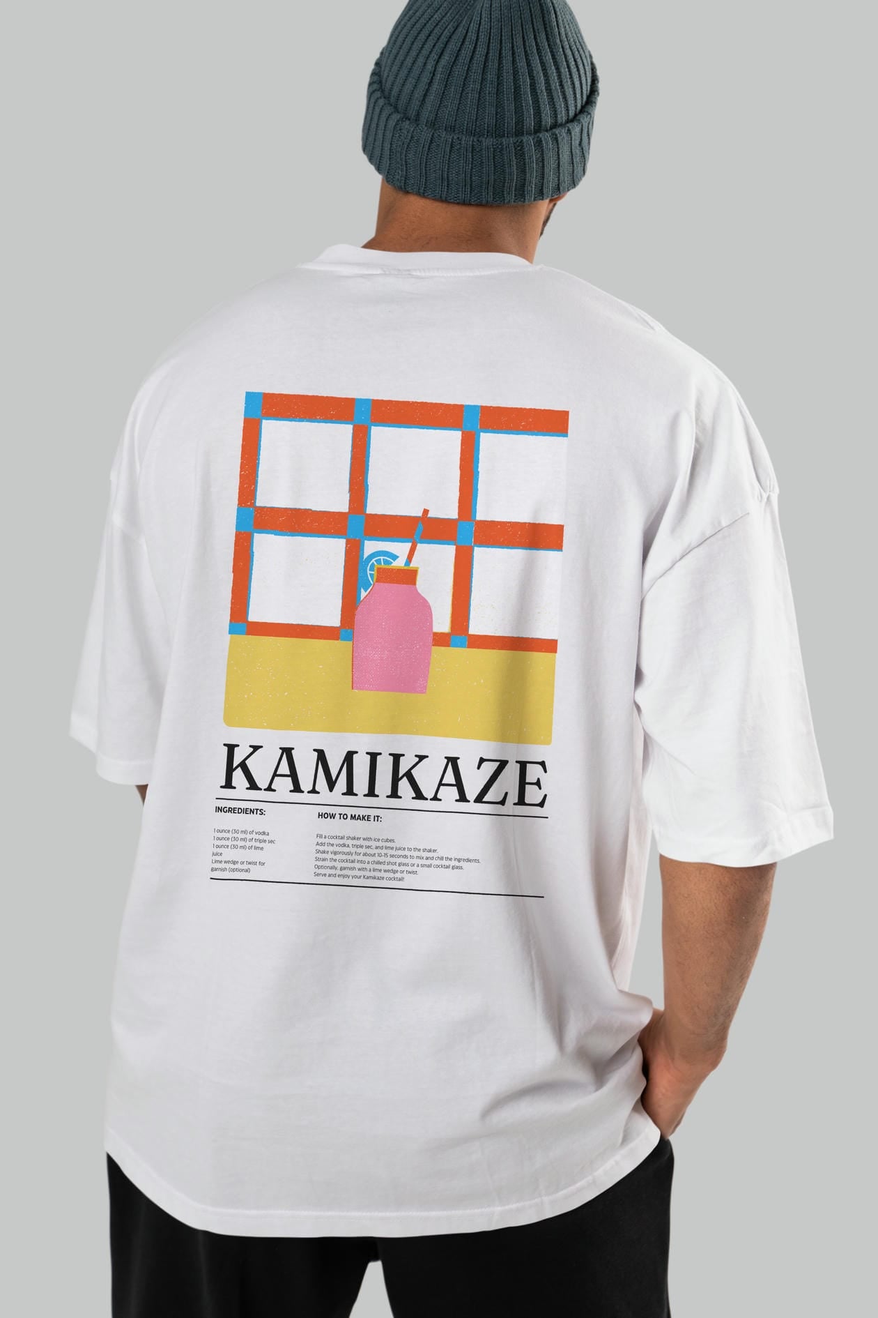 Kamikaze Kokteyl Serisi Arka Baskılı Oversize t-shirt Erkek Kadın %100 Pamuk Bisiklet Yaka tişort