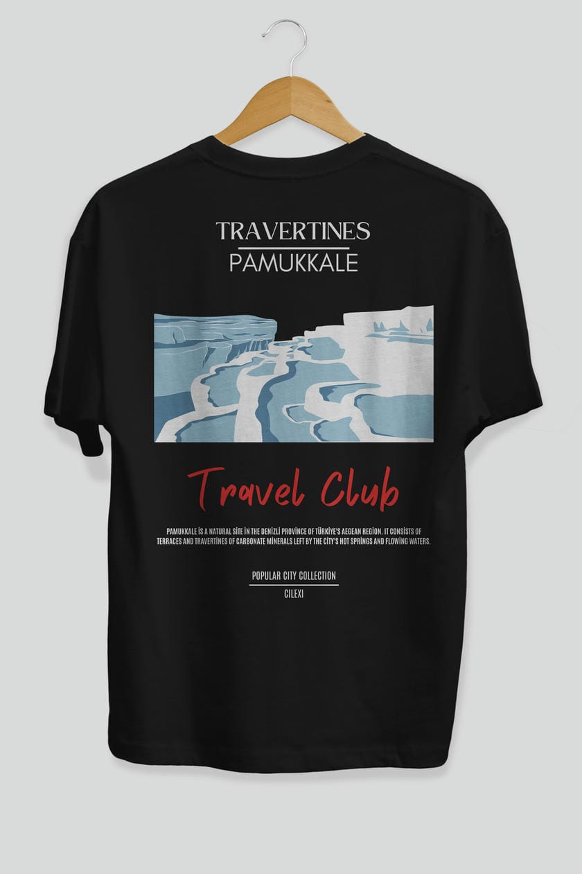 Travertines Pamukkale Arka Baskılı Oversize t-shirt Erkek Kadın Pamuk Bisiklet Yaka tişort