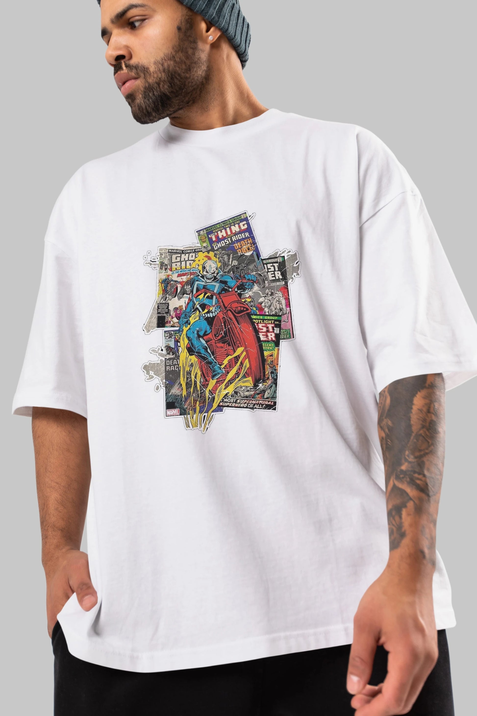 Ghost Rider Ön Baskılı Oversize t-shirt Erkek Kadın Unisex %100 Pamuk Bisiklet Yaka tişort