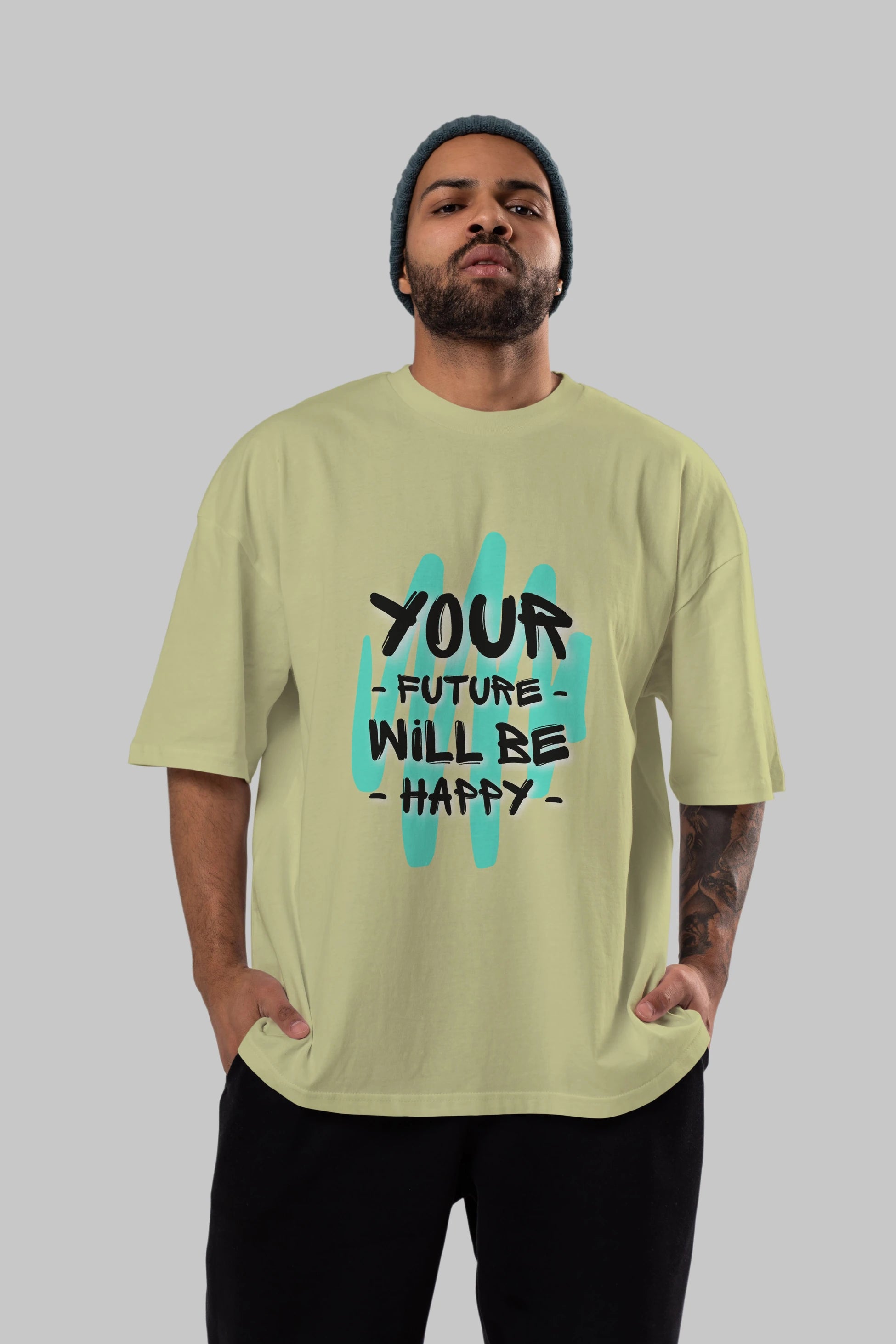 Your Future Will be Happy Yazılı Ön Baskılı Oversize t-shirt Erkek Kadın Unisex
