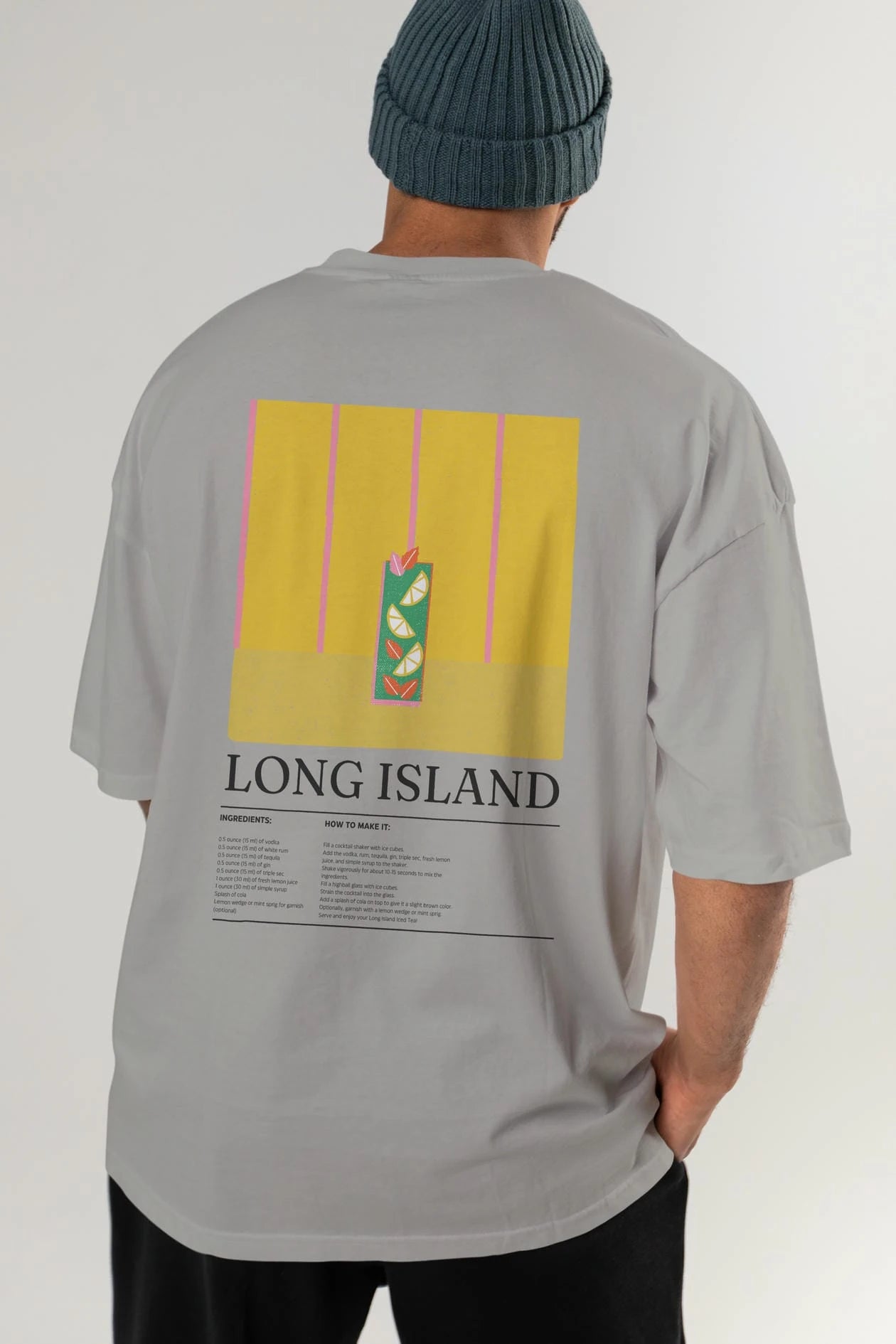 Long Island Kokteyl Serisi Arka Baskılı Oversize t-shirt Erkek Kadın %100 Pamuk Bisiklet Yaka tişort